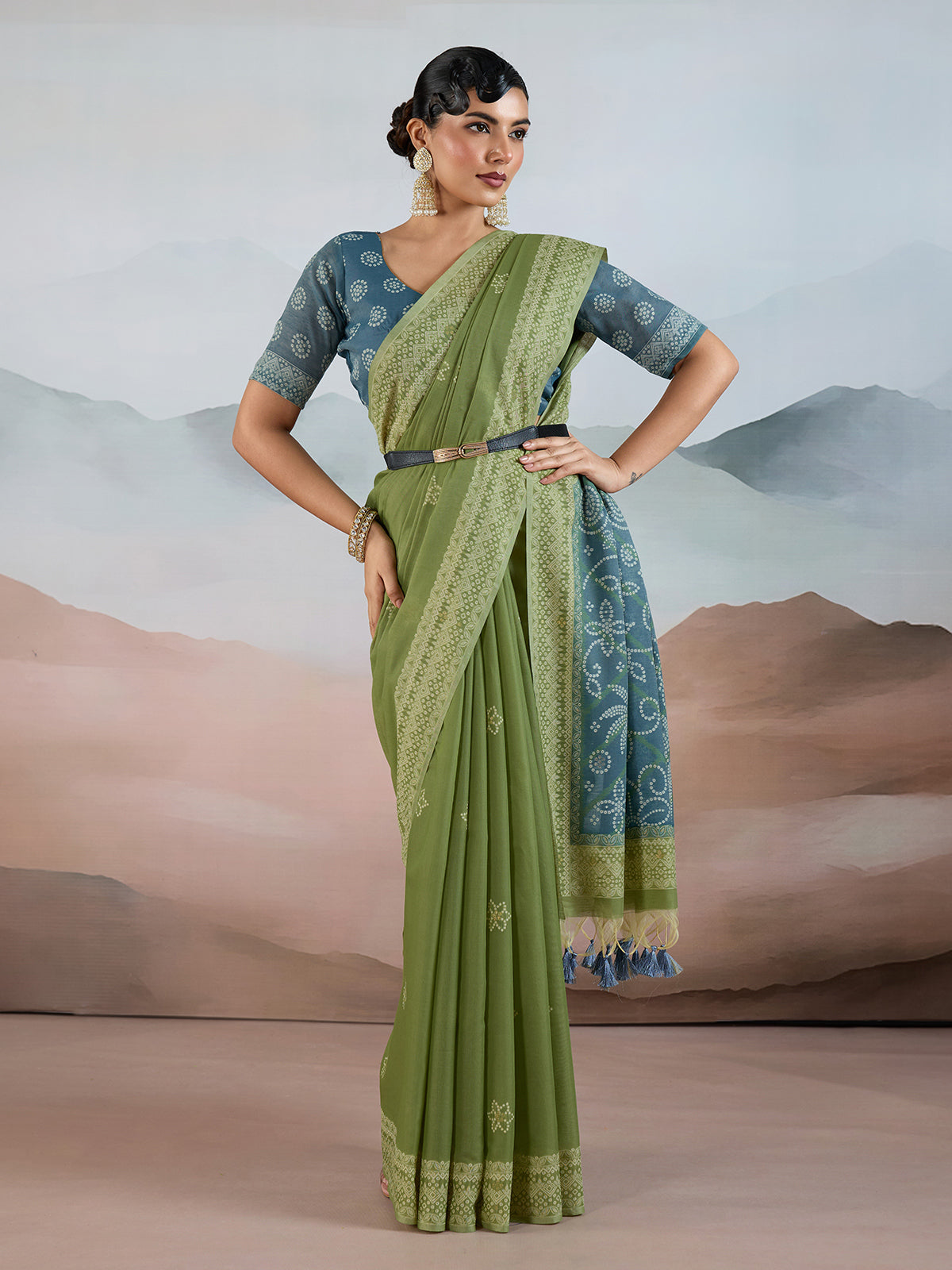 Pista green bandhej inspired viscose cotton saree