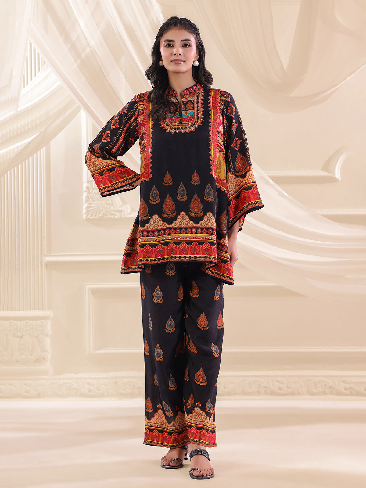 Black printed crepe silk sequins designer co ord set