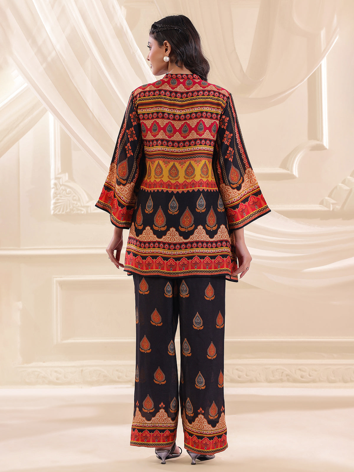 Black printed crepe silk sequins designer co ord set