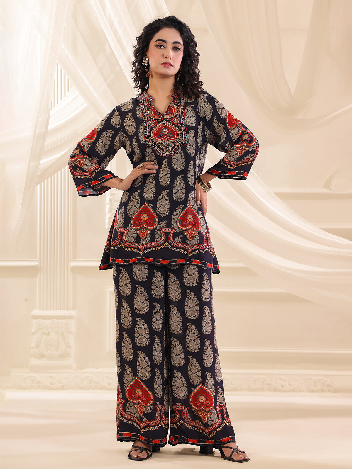Navy printed silk embellished festive co ord set