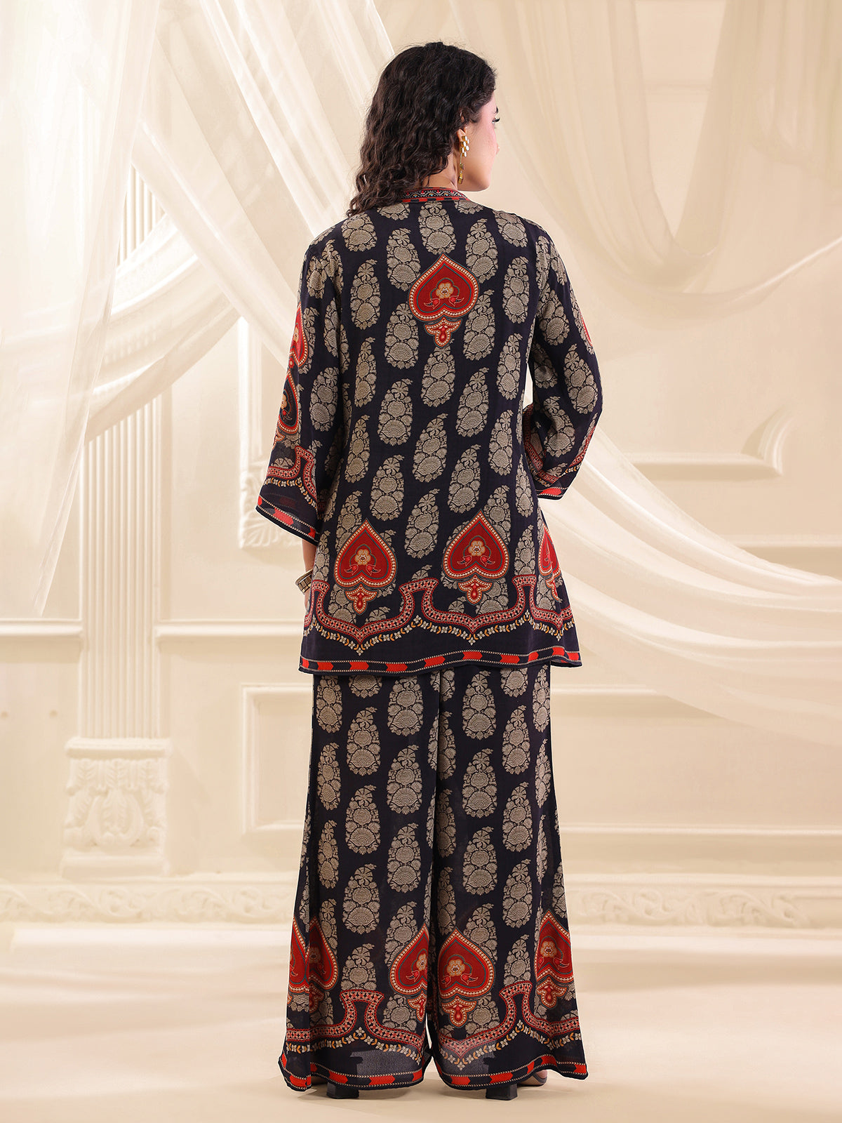 Navy printed silk embellished festive co ord set