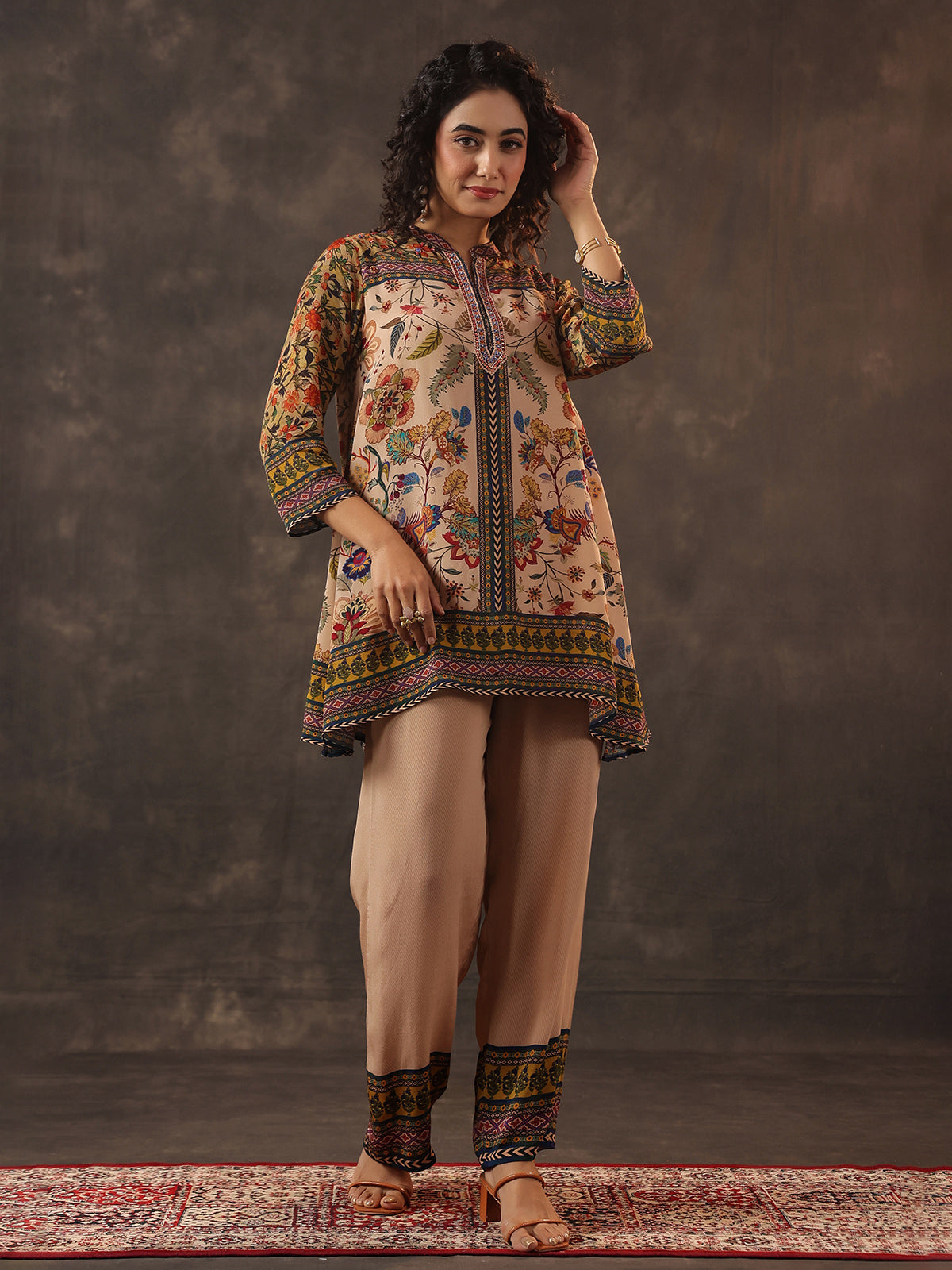 Beige printed silk sequins elegant co ord set