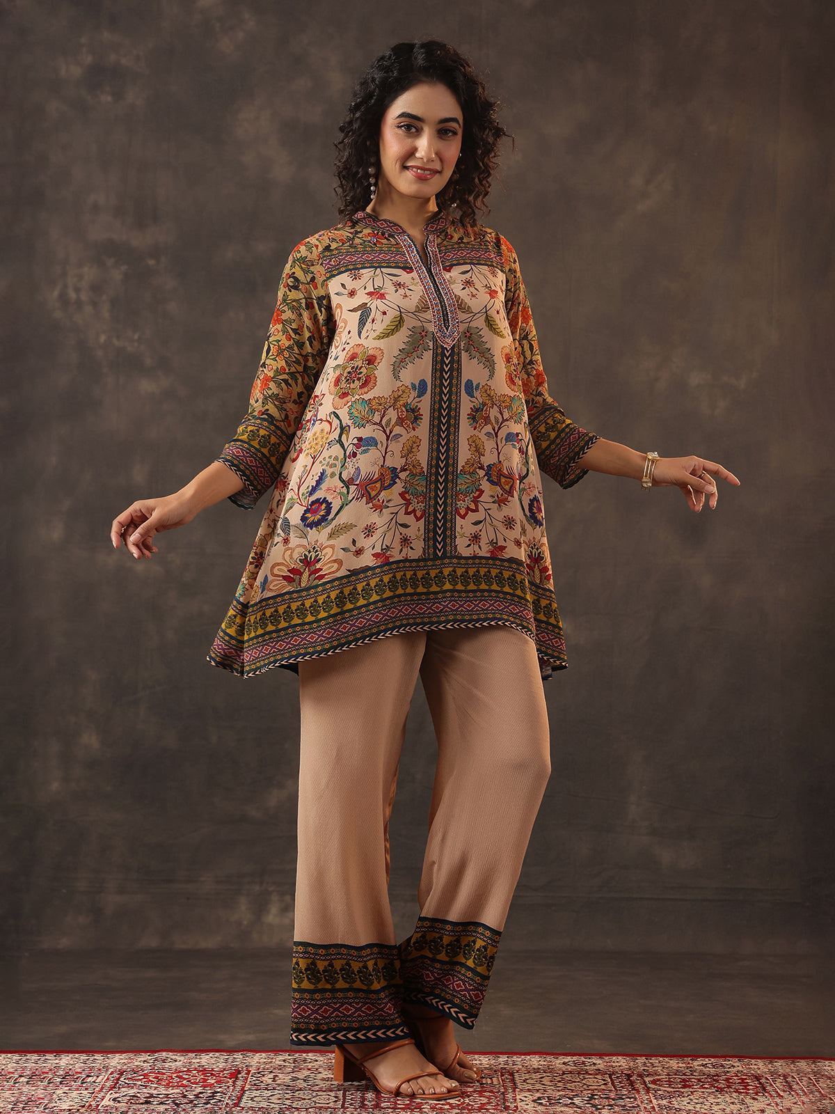 Beige printed silk sequins elegant co ord set