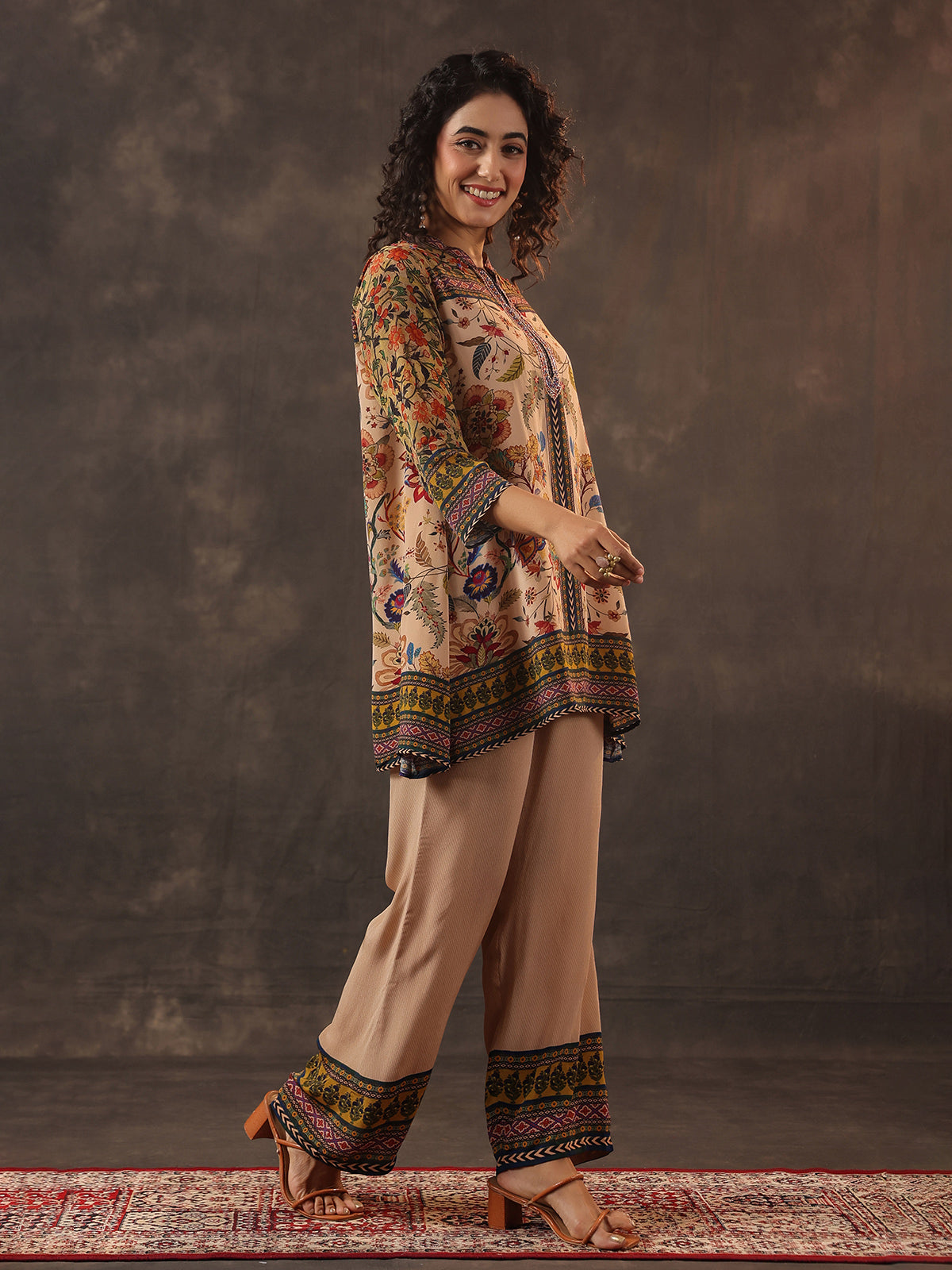 Beige printed silk sequins elegant co ord set