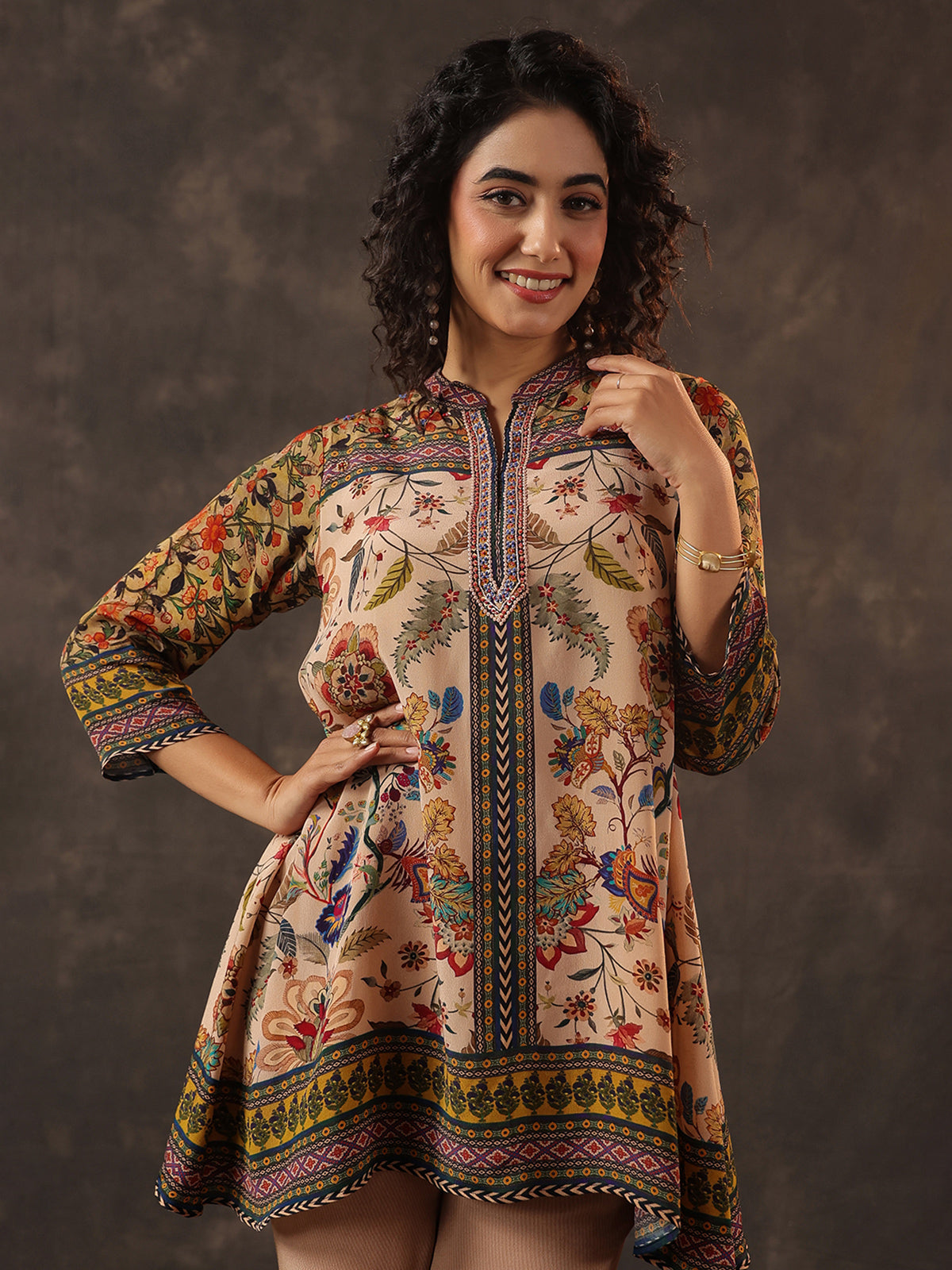 Beige printed silk sequins elegant co ord set