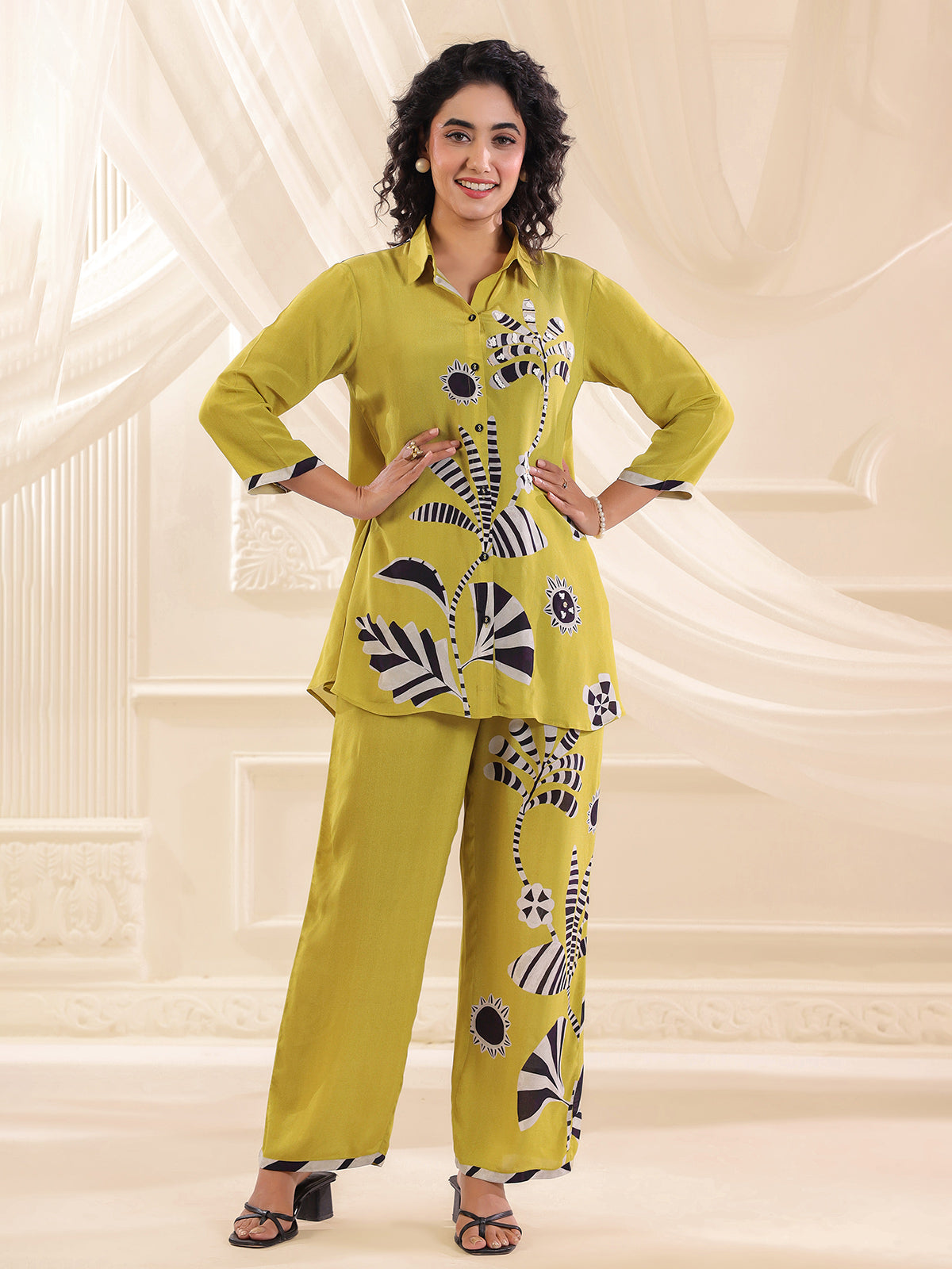 Lime green printed silk festive co ord set