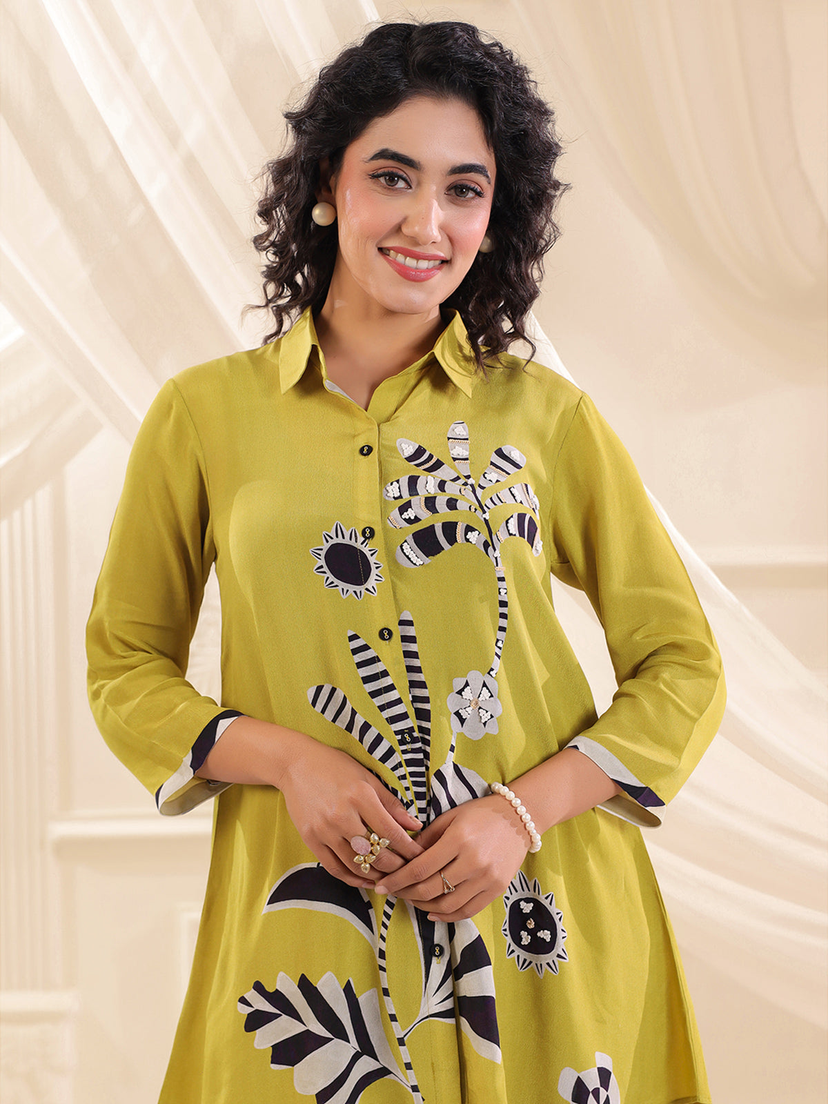Lime green printed silk festive co ord set