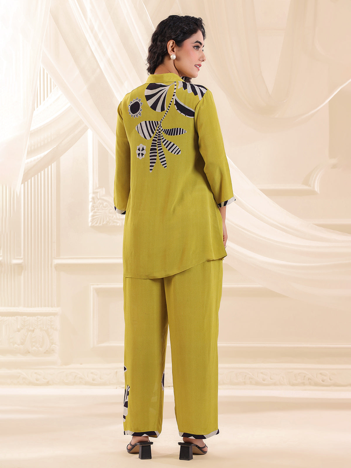 Lime green printed silk festive co ord set