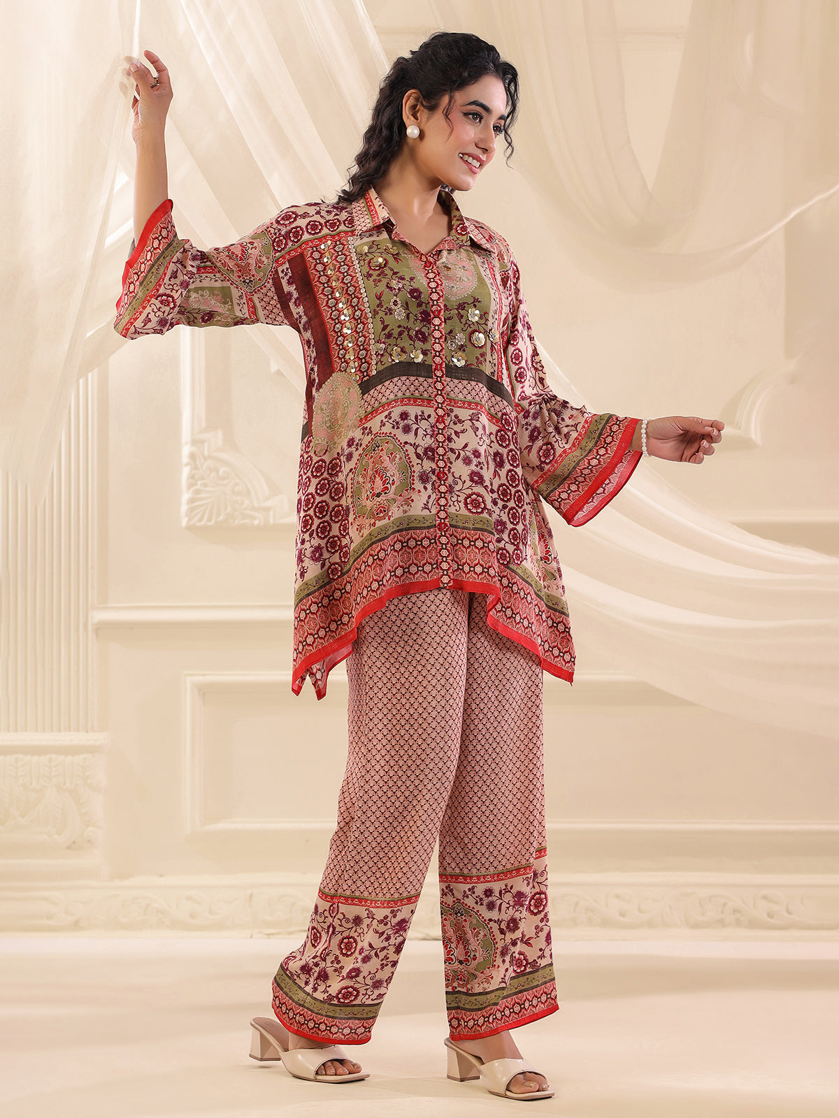 Beige printed silk collar neck co ord set