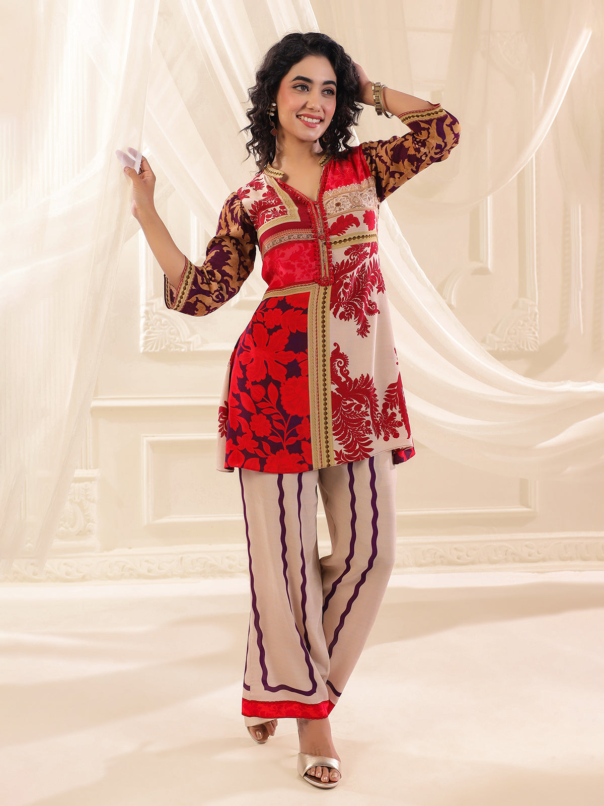 Beige red printed silk festive co ord set