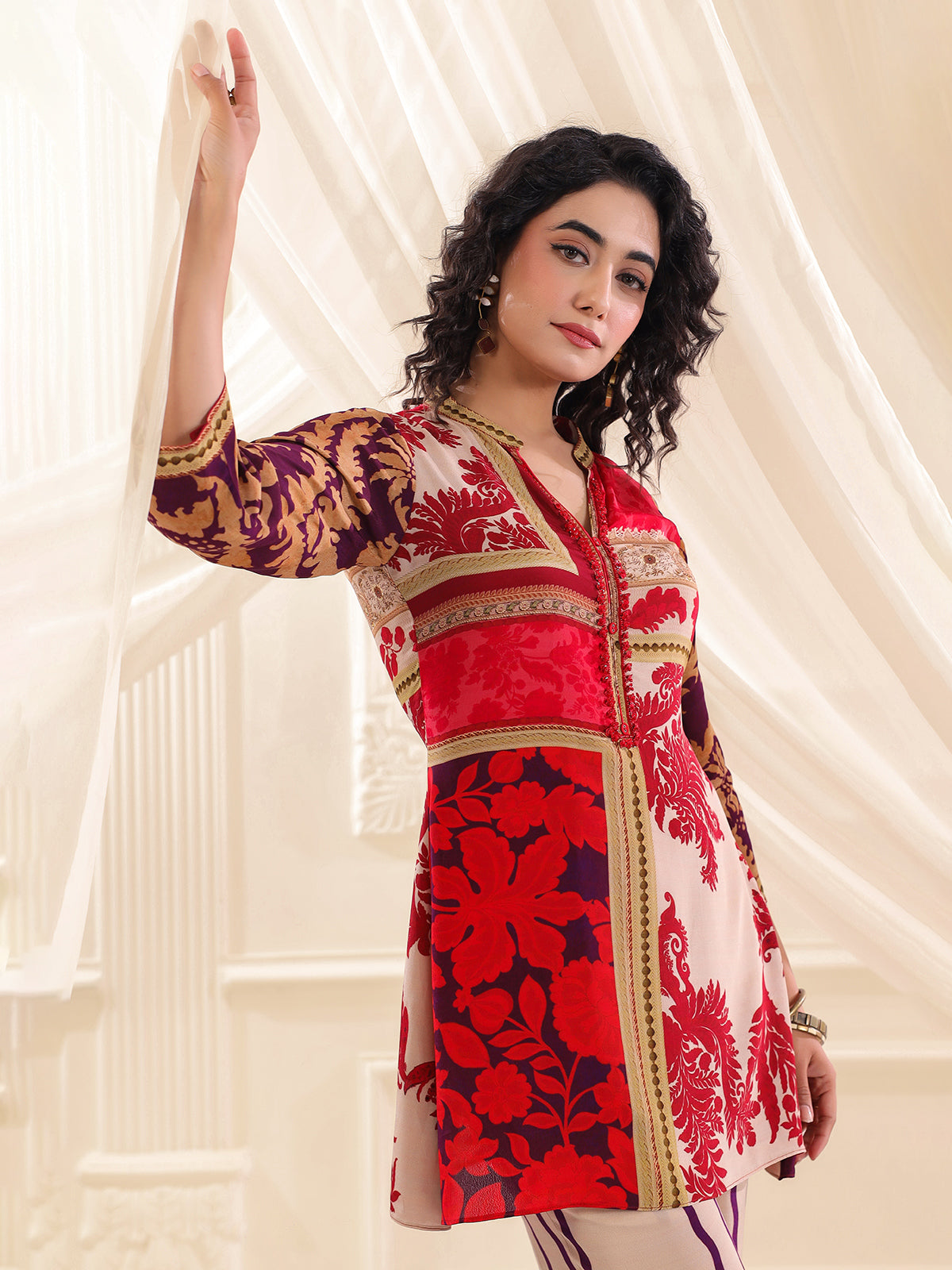 Beige red printed silk festive co ord set