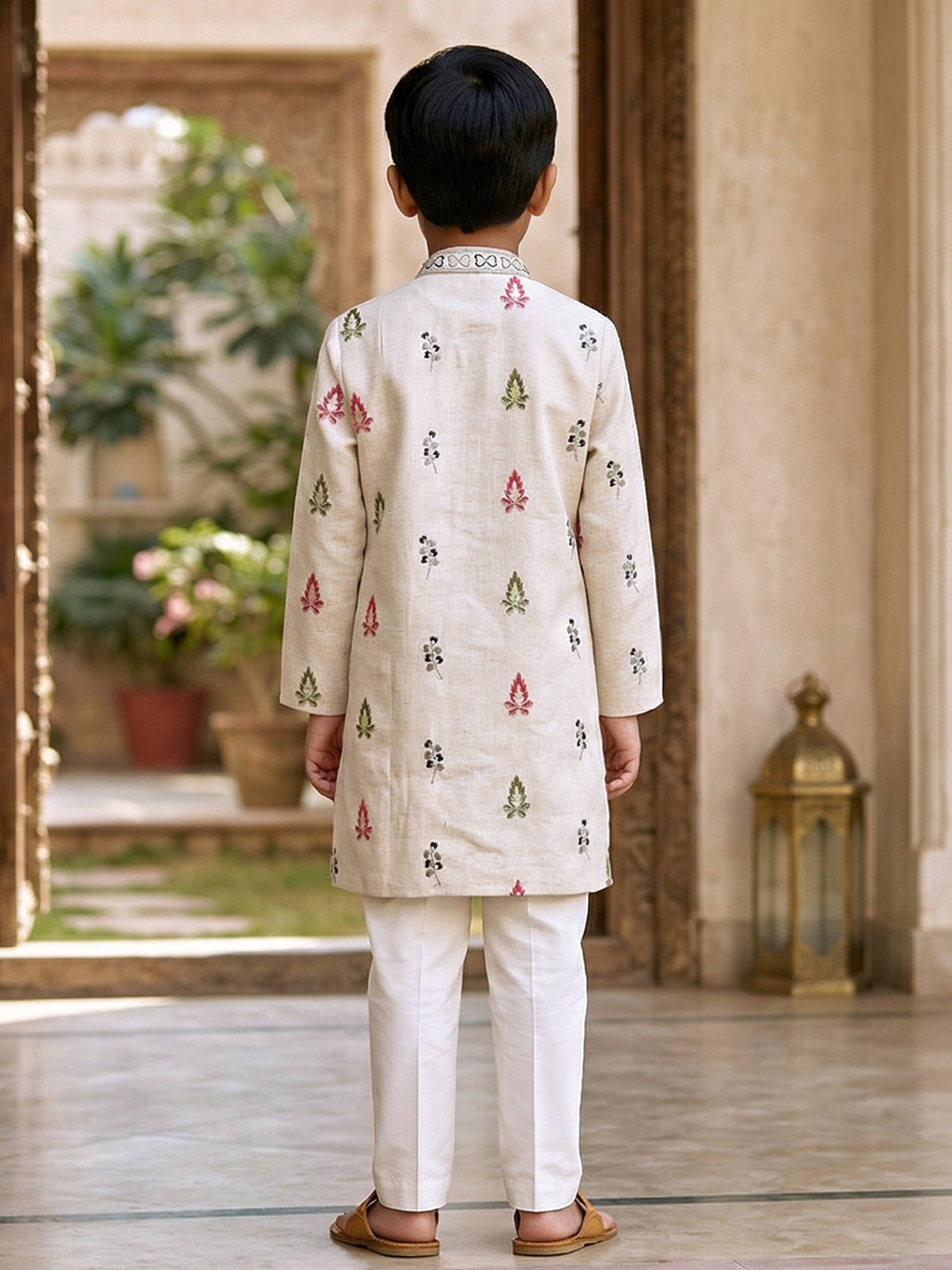 Off white cotton silk embroidered festive kurta suit