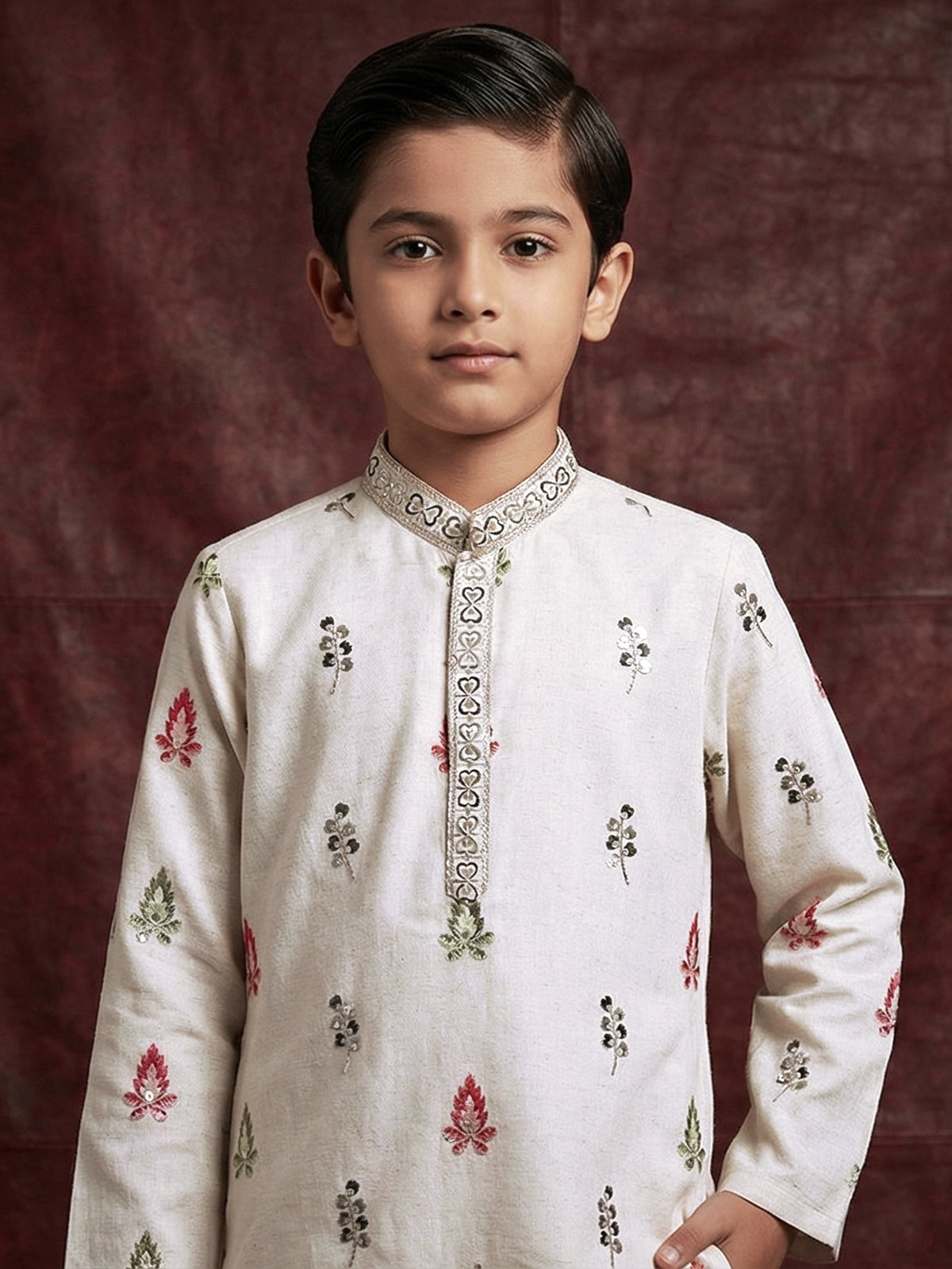 Off white cotton silk embroidered festive kurta suit