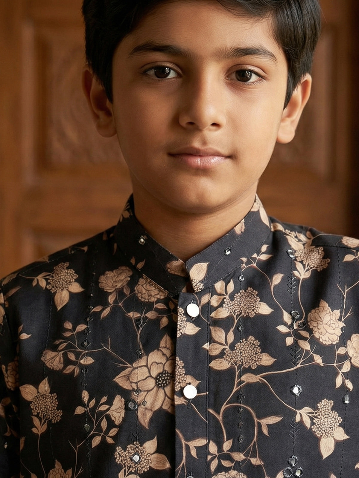 Black floral printed embroidered work kurta suit