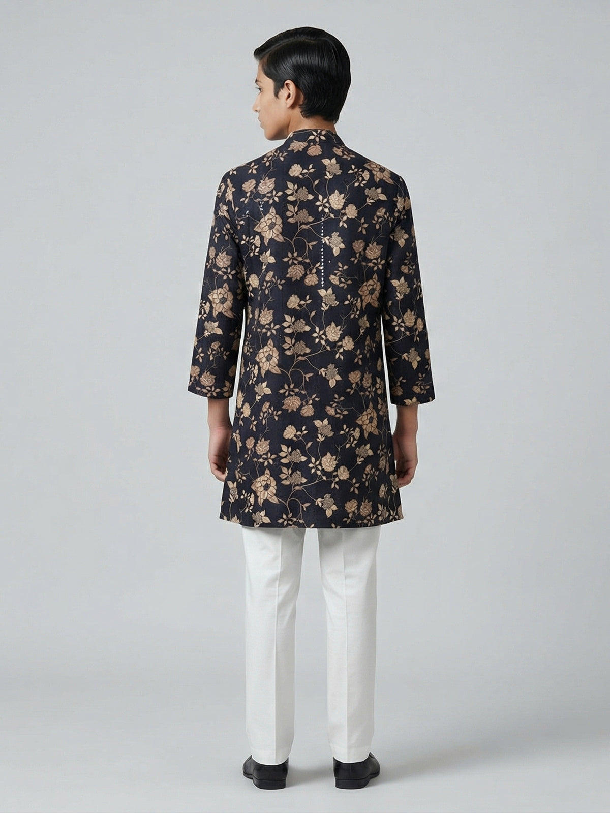 Black floral printed embroidered work kurta suit