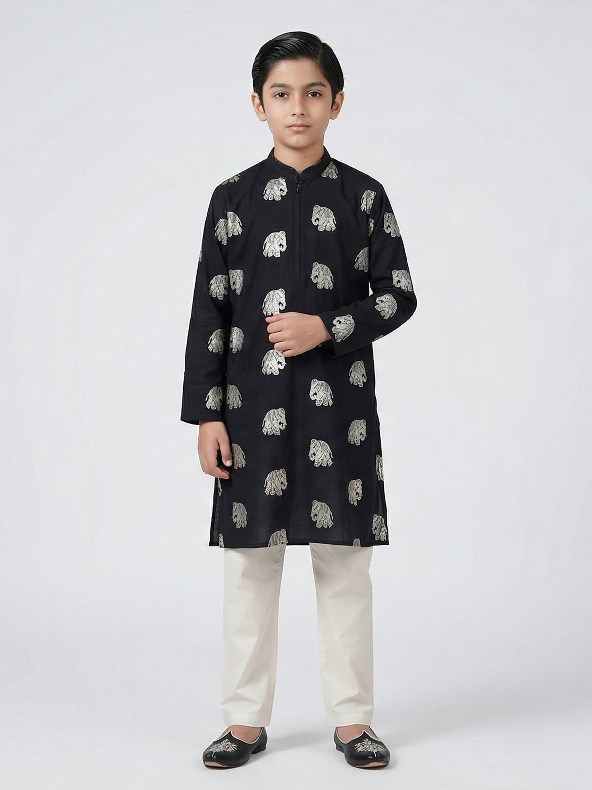 Black cotton silk zari work festive wear kurta suit