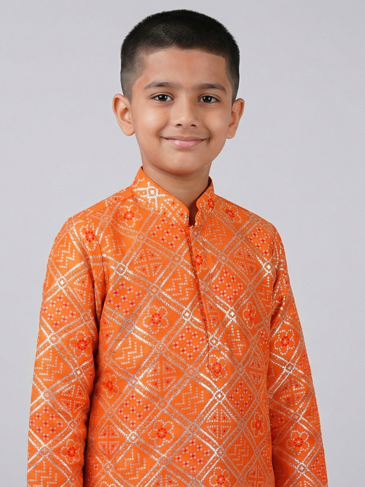 Orange bandhej printed zari work festive kurta suit