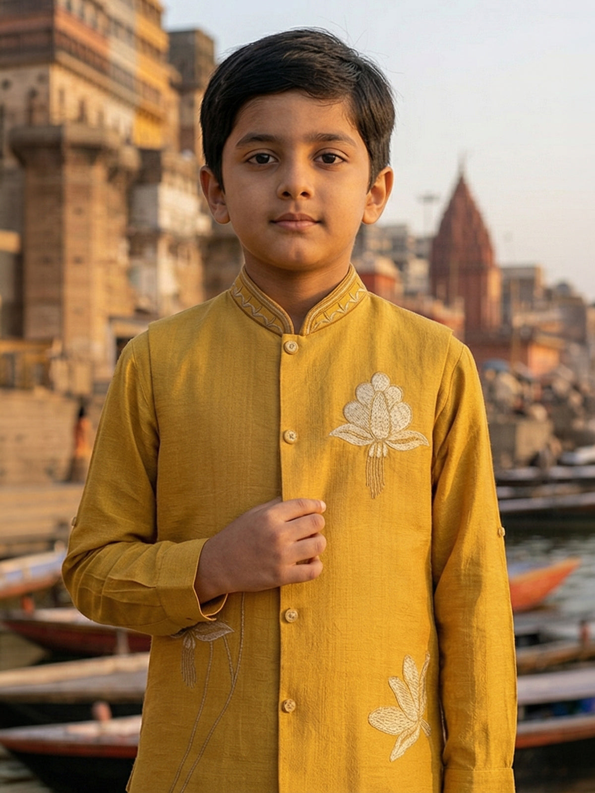 Mustard yellow silk waistcoat set for boys festive wear