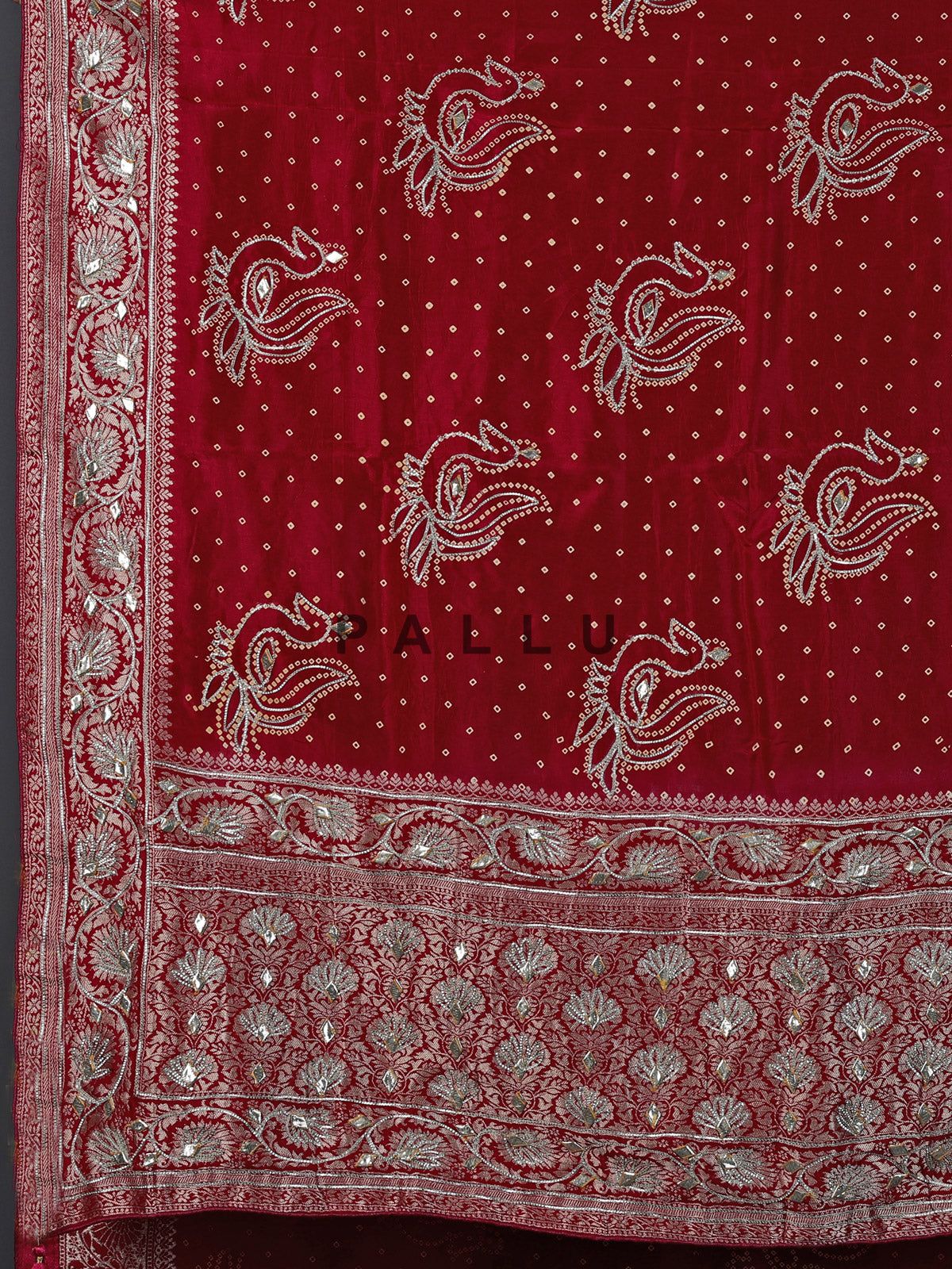 Red bandhej silk gota and zari festive saree ensemble