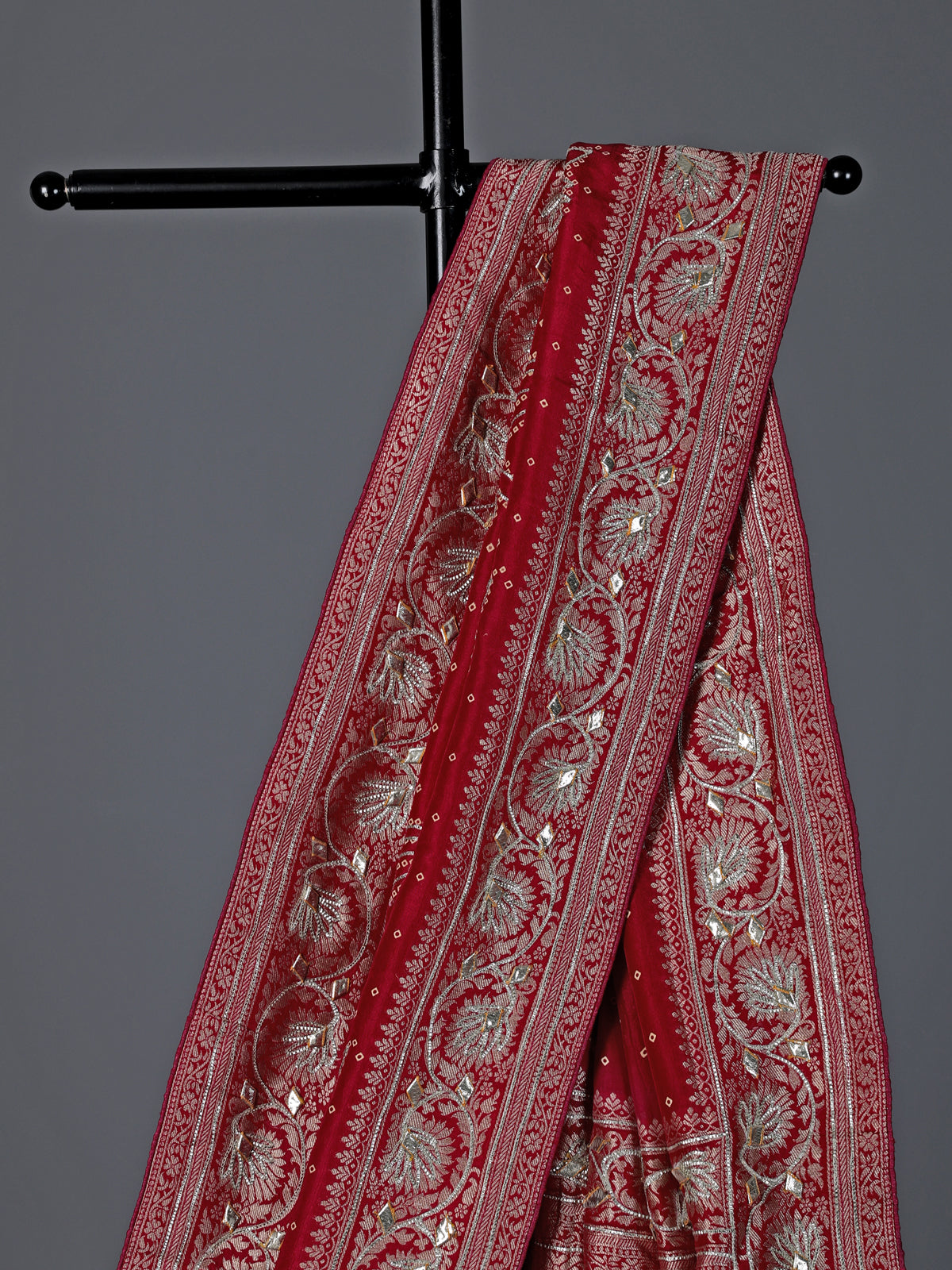 Red bandhej silk gota and zari festive saree ensemble