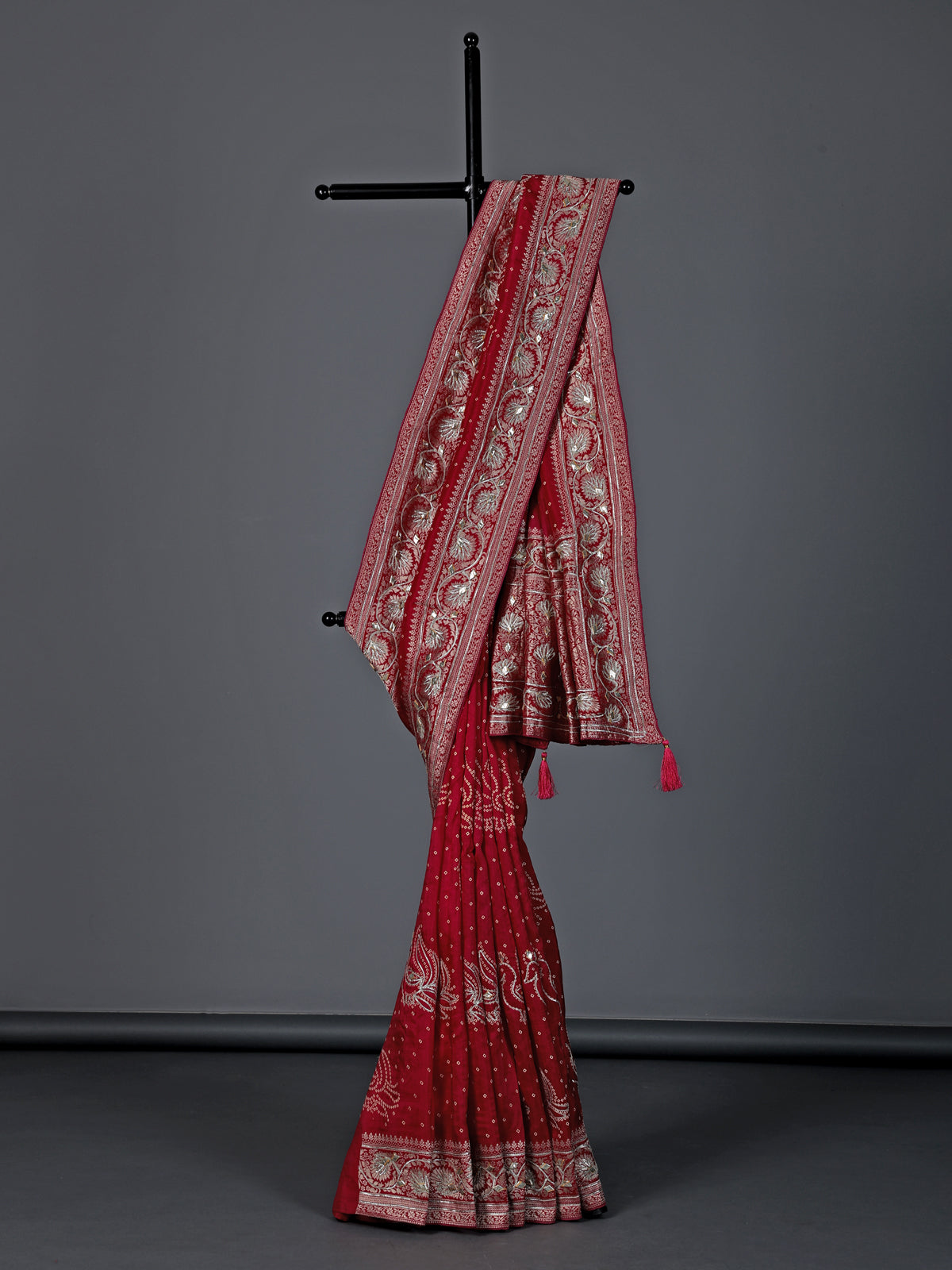 Red bandhej silk gota and zari festive saree ensemble
