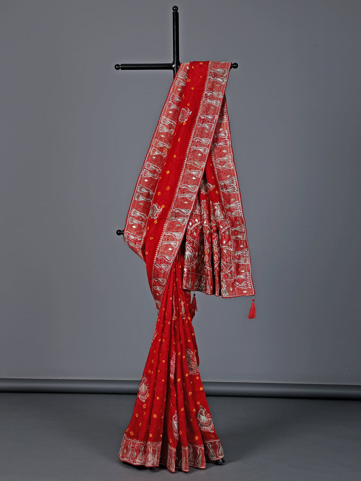 Red bandhej silk printed gota and zari festive saree