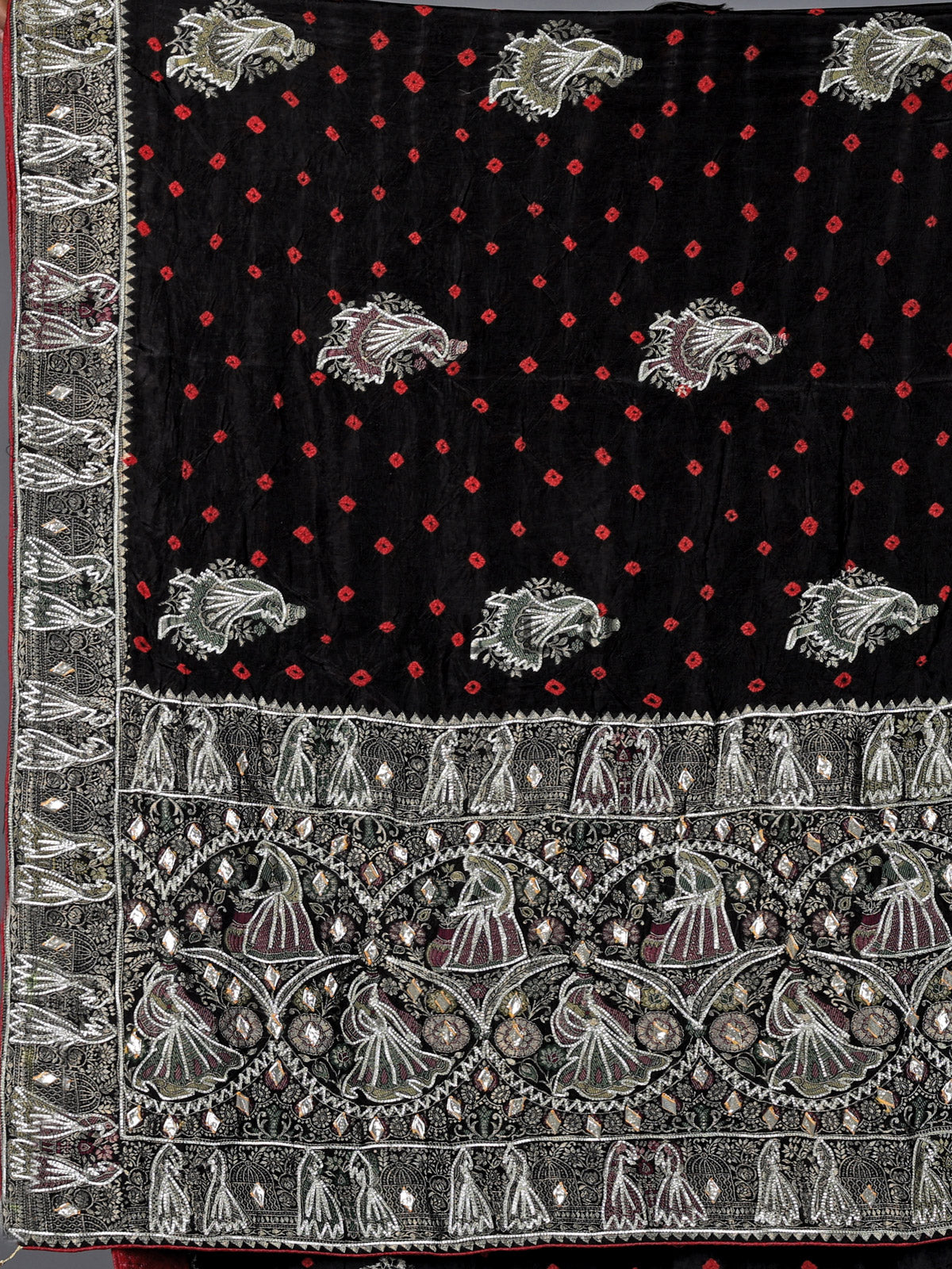 Black bandhej silk printed gota and zari saree