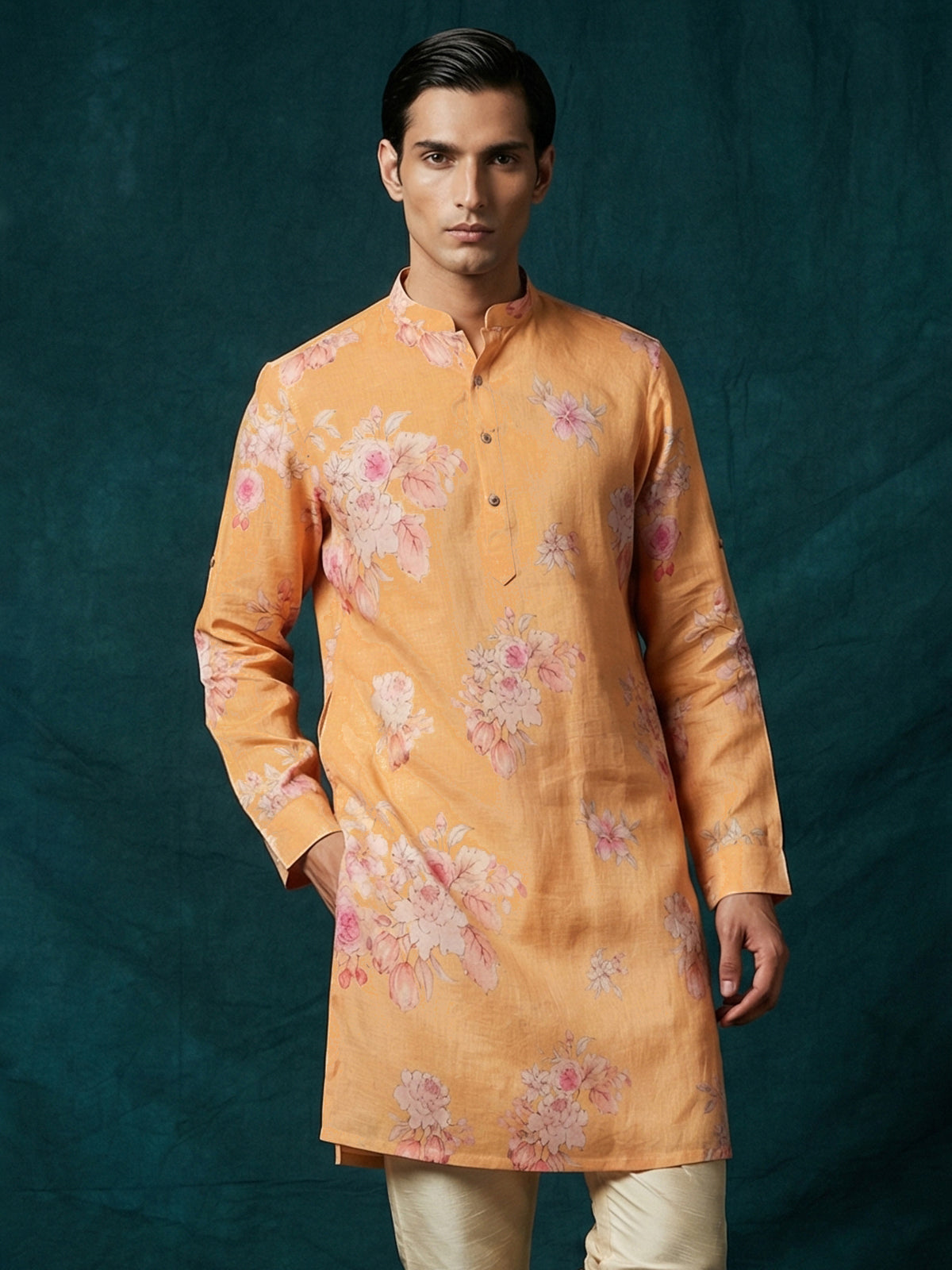 Bright peach cotton linen floral printed festive kurta