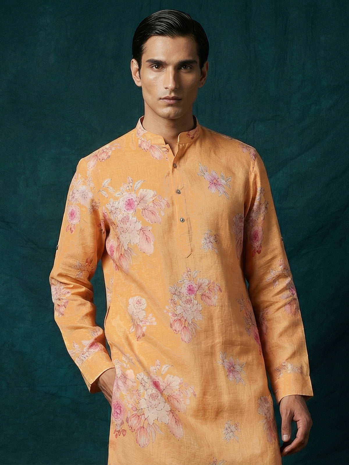 Bright peach cotton linen floral printed festive kurta