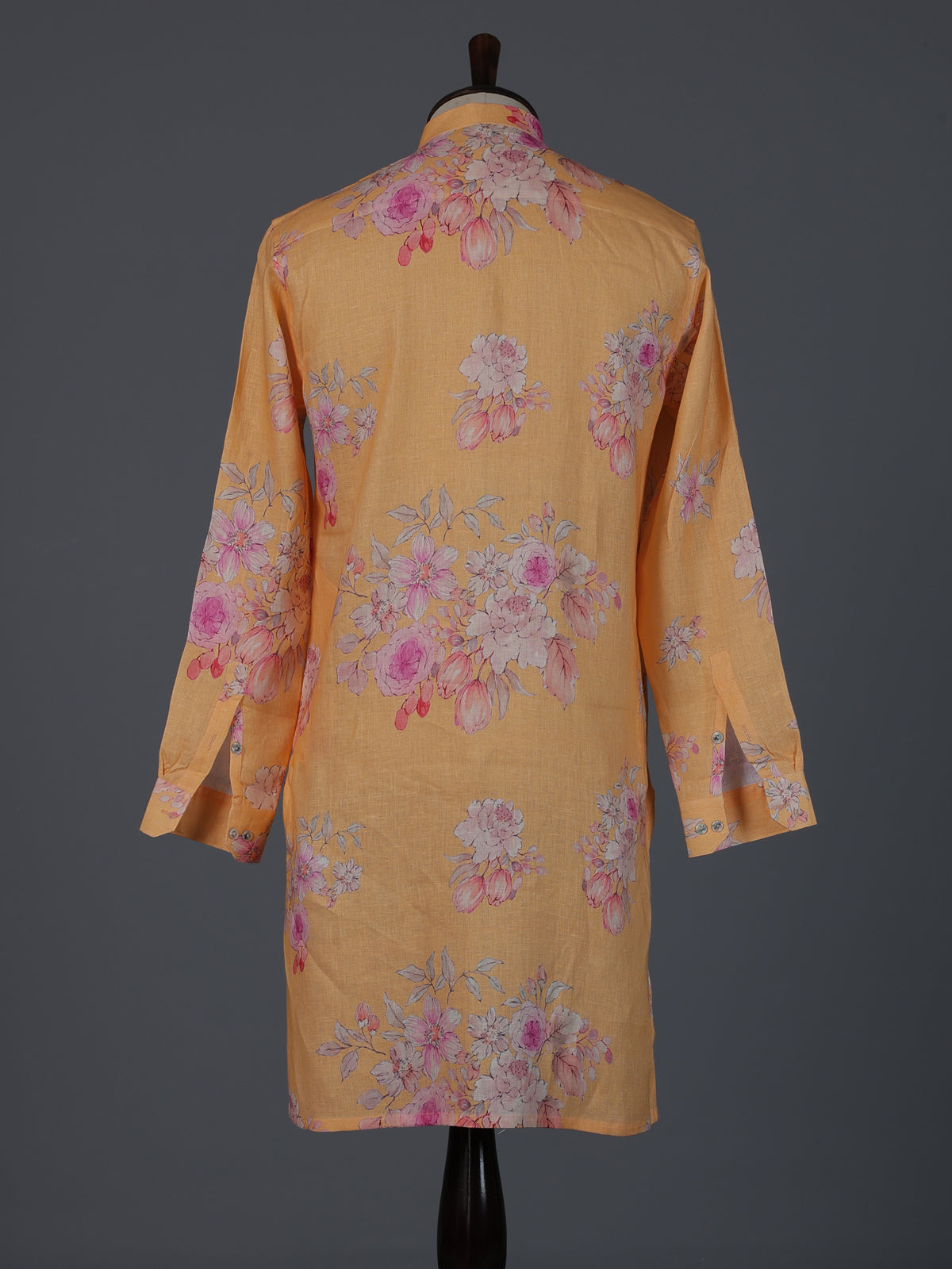 Bright peach cotton linen floral printed festive kurta