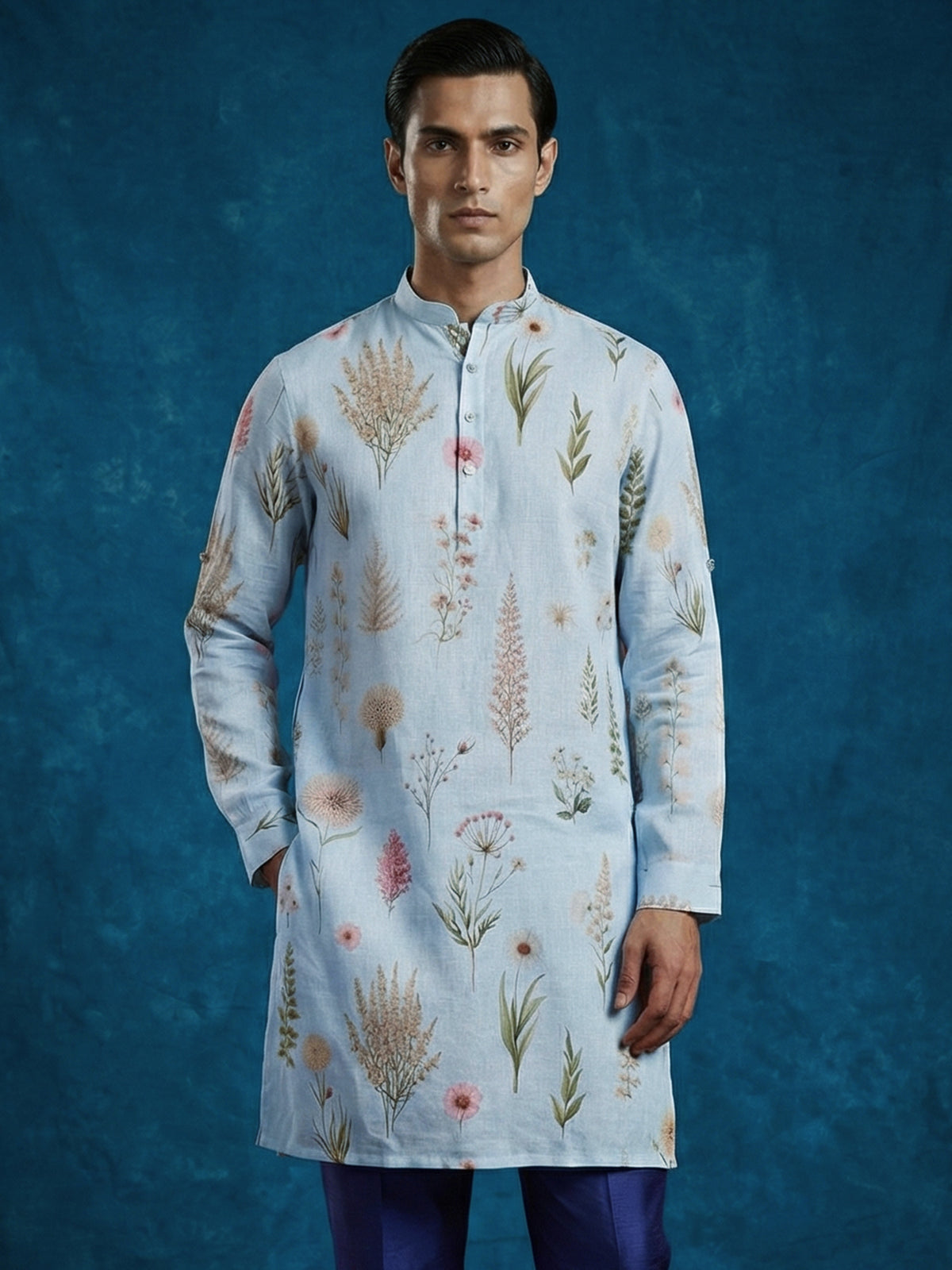 Sky blue cotton linen floral printed festive kurta