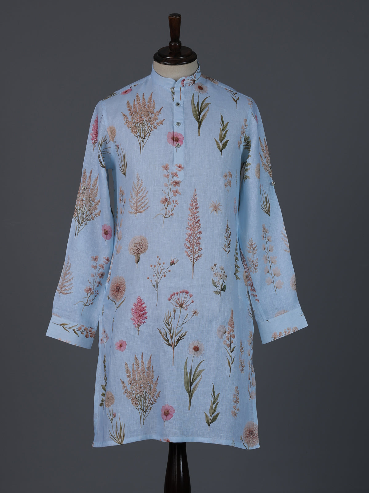 Sky blue cotton linen floral printed festive kurta
