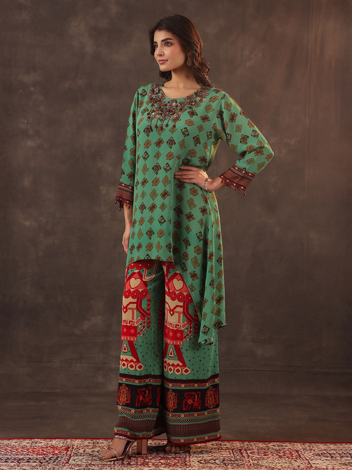 Light green crepe silk printed palazzo kurti set