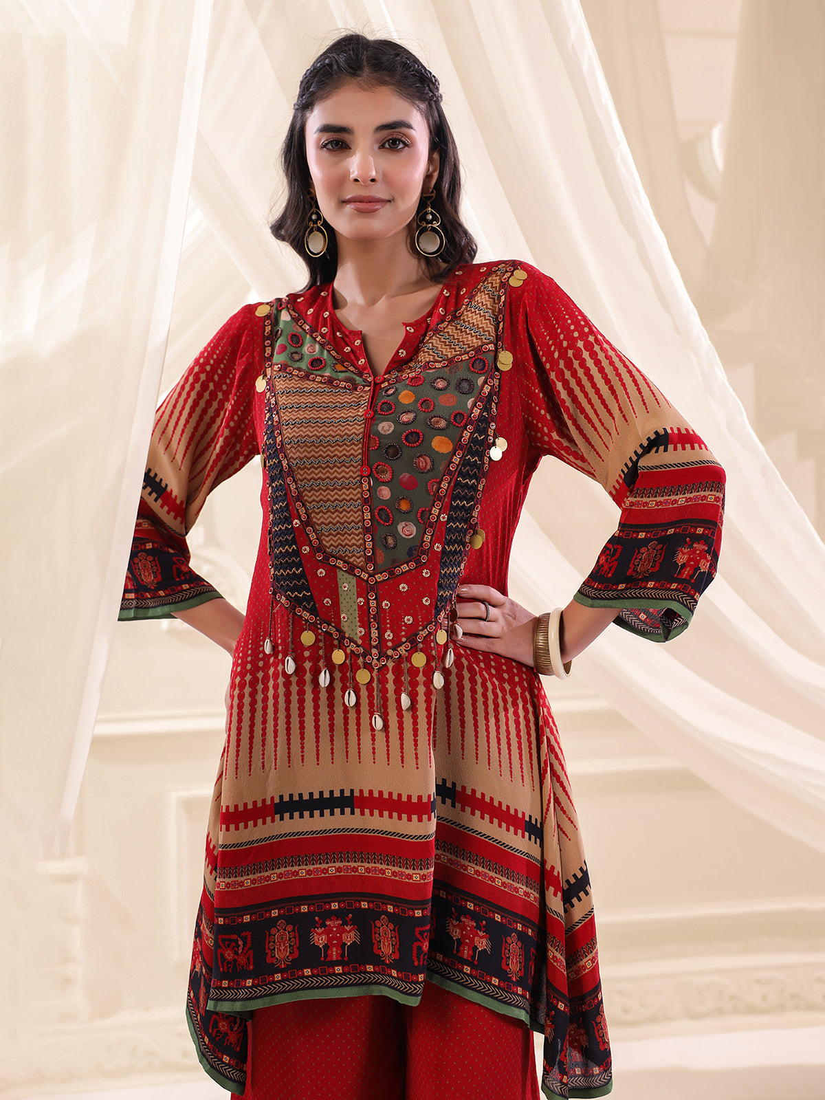 Red crepe silk printed yoke style palazzo set