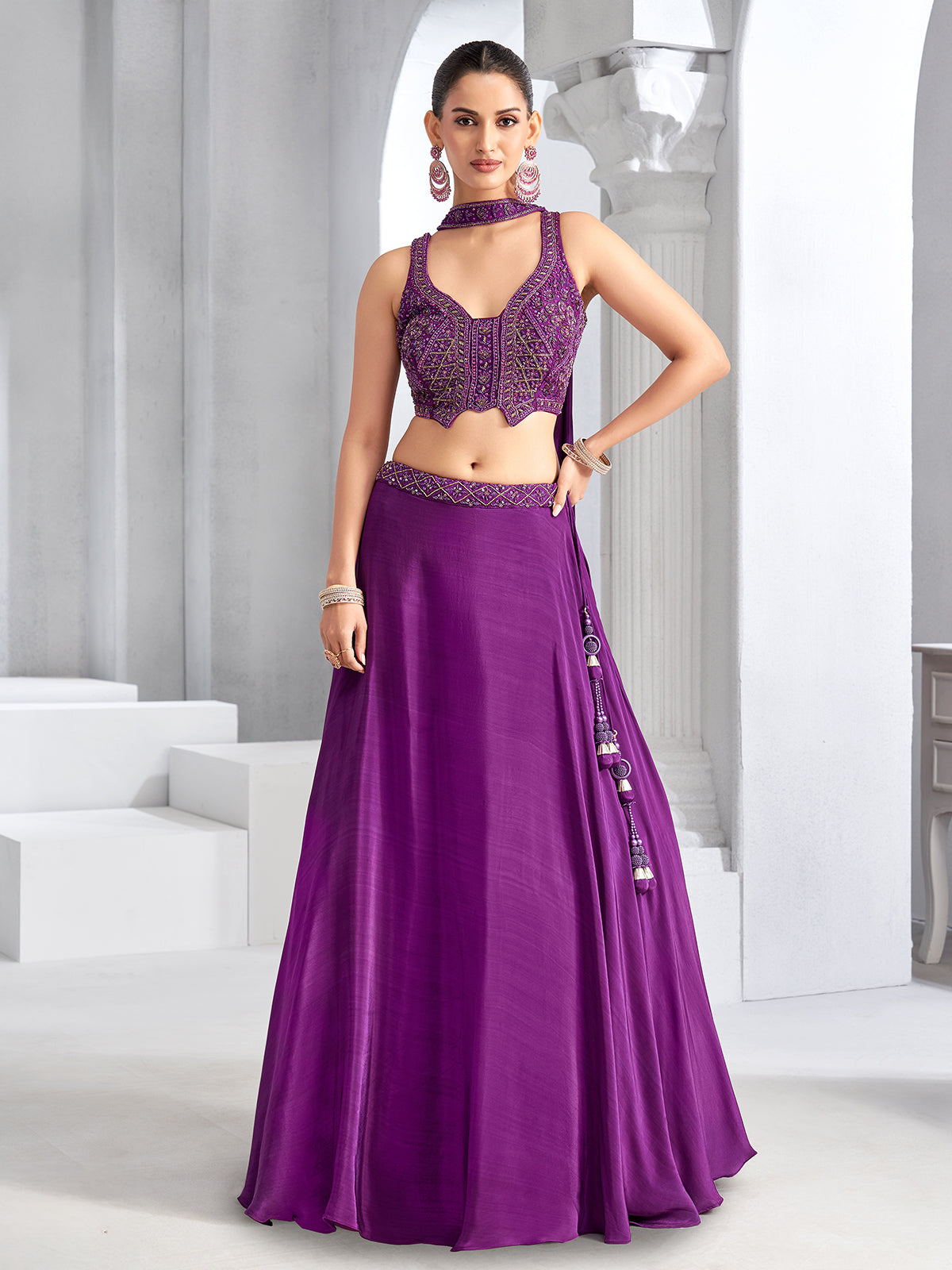 Purple wedding wear lehenga choli in crepe silk