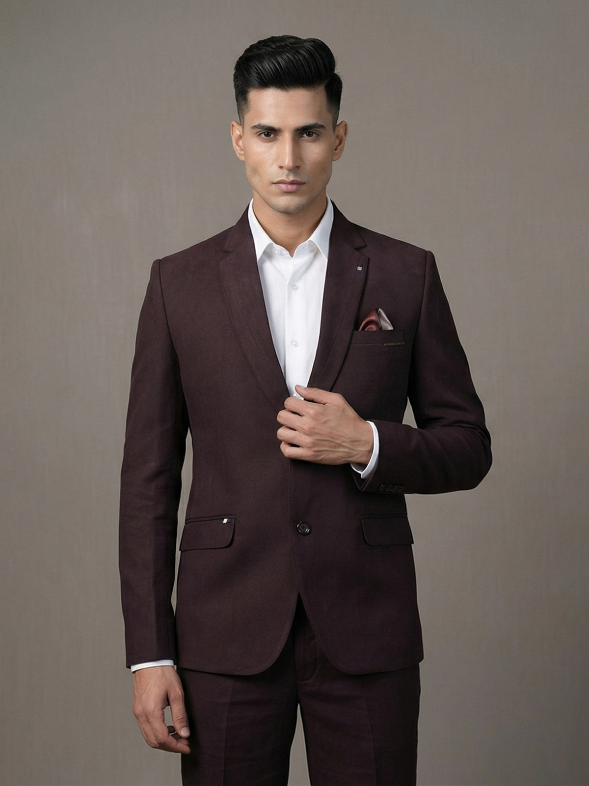 Wine terry rayon solid two button party blazer