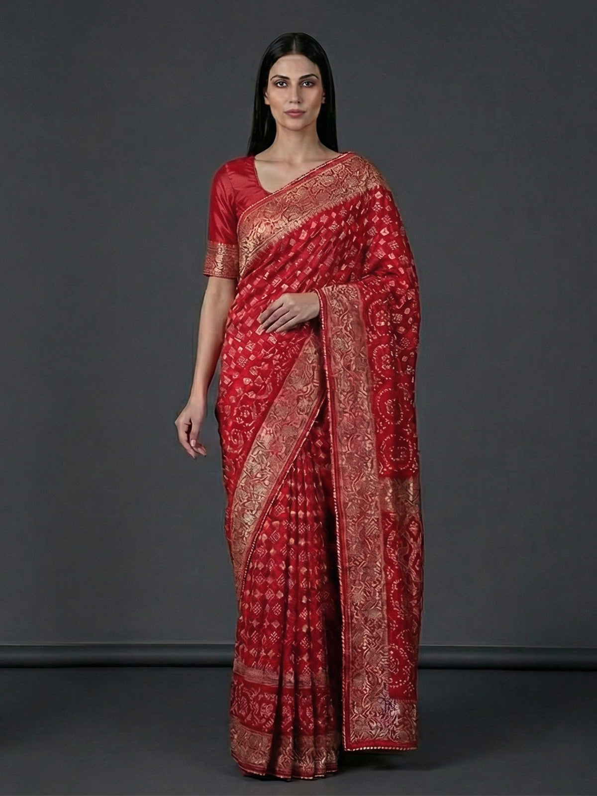 Red bandhej dola silk zari festive saree