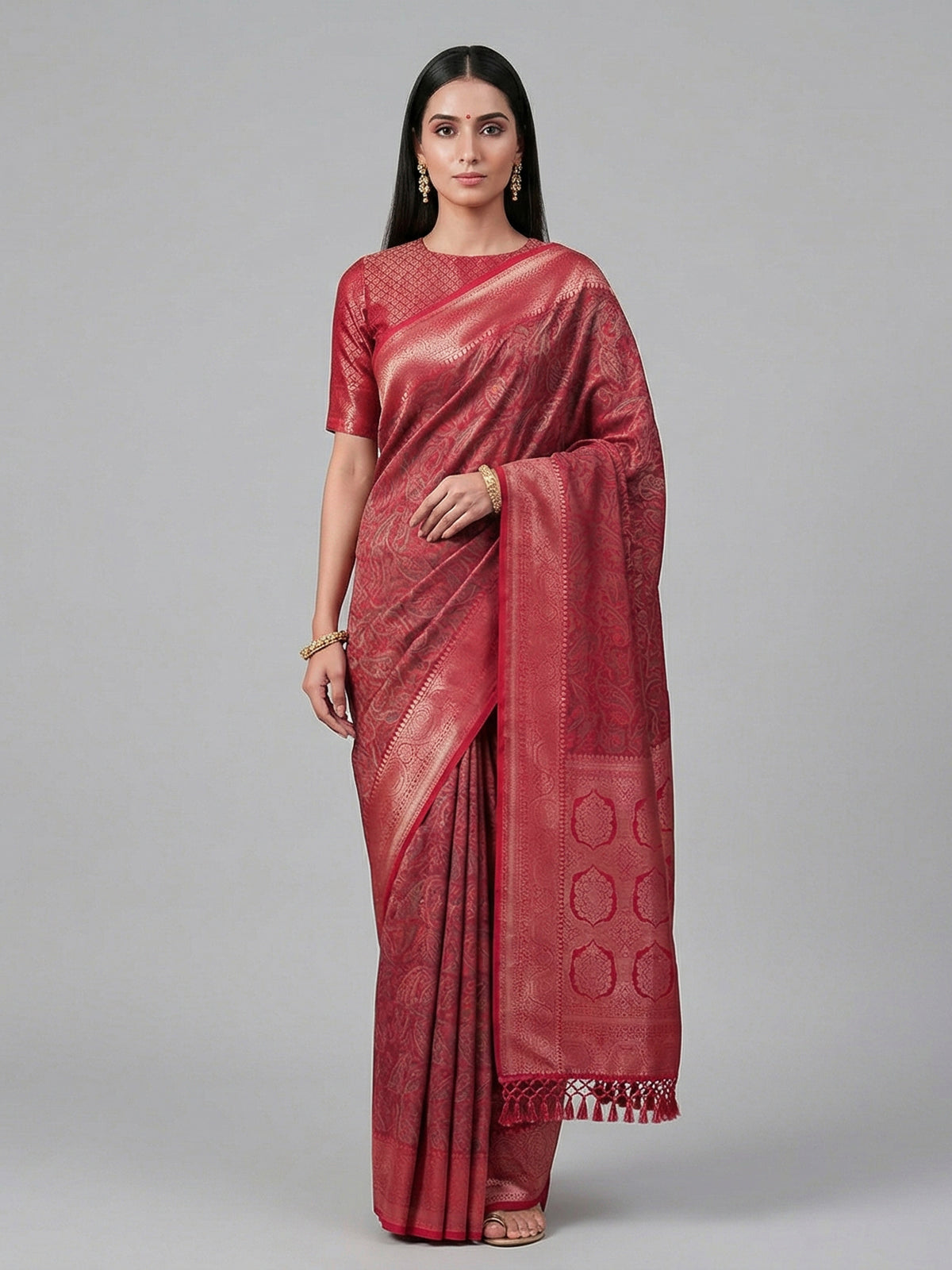 Rani pink art pashmina silk zari motif saree