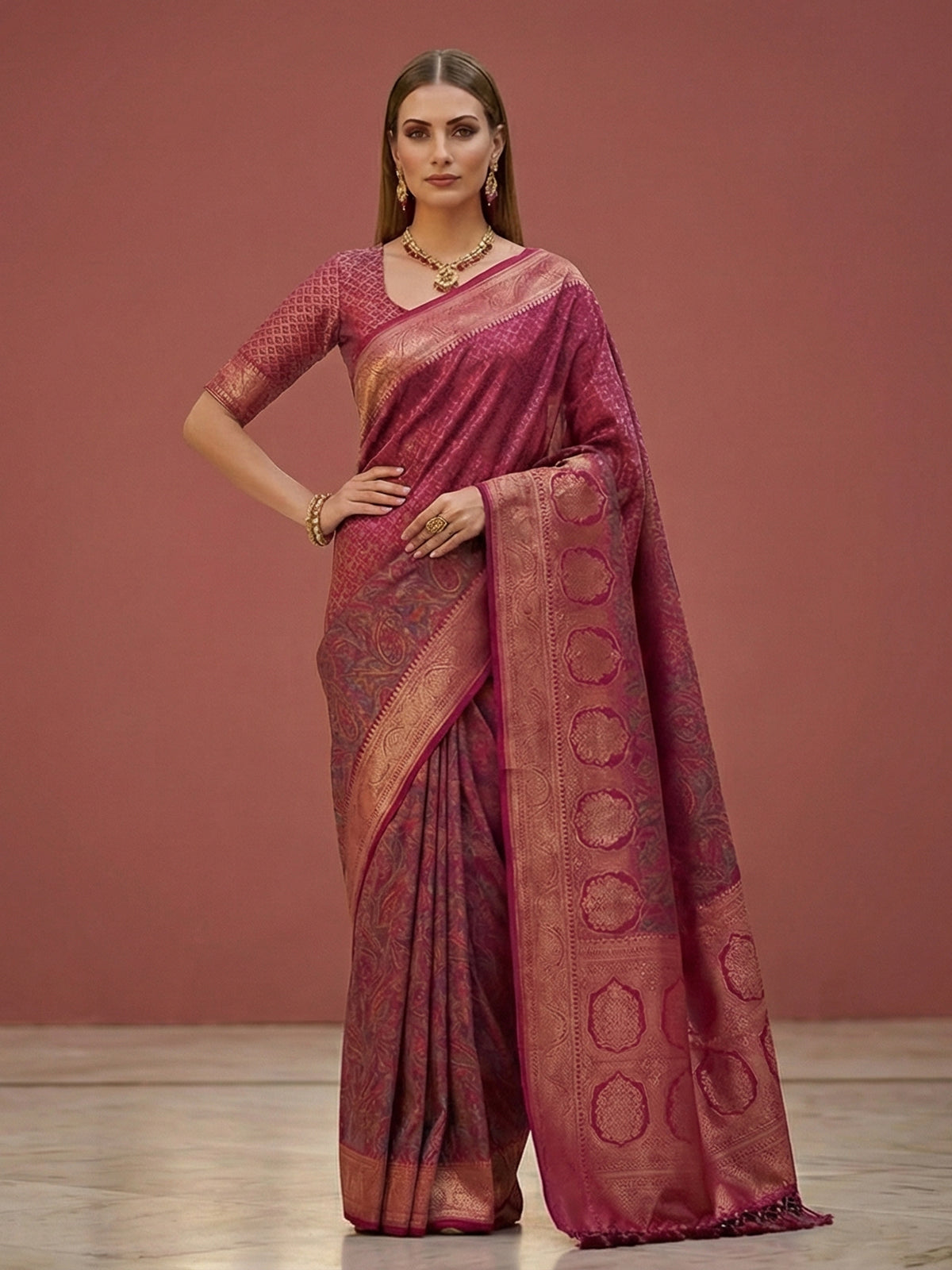Purple art pashmina silk zari motif festive saree