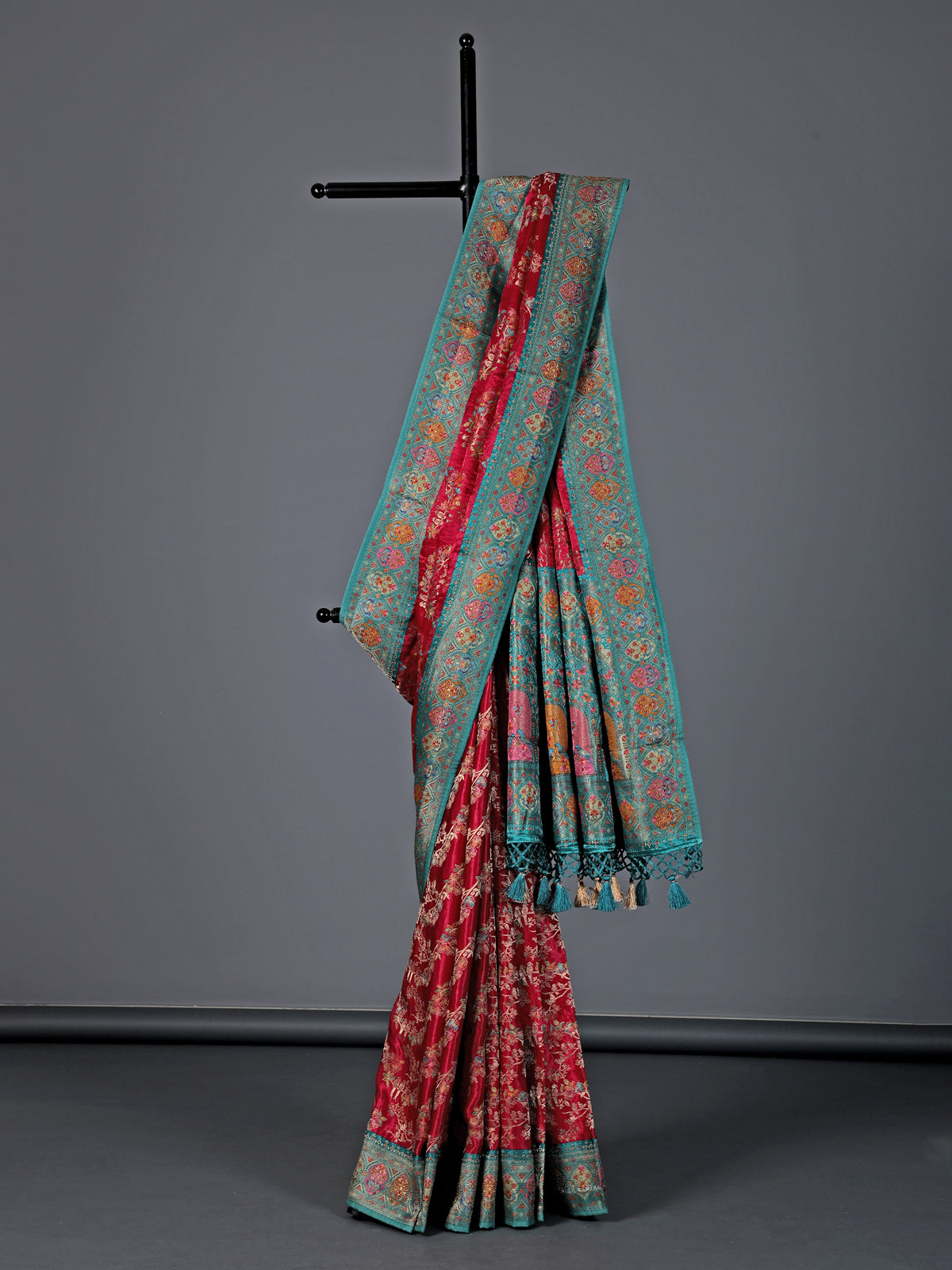 Maroon satin silk zari contrast border festive saree