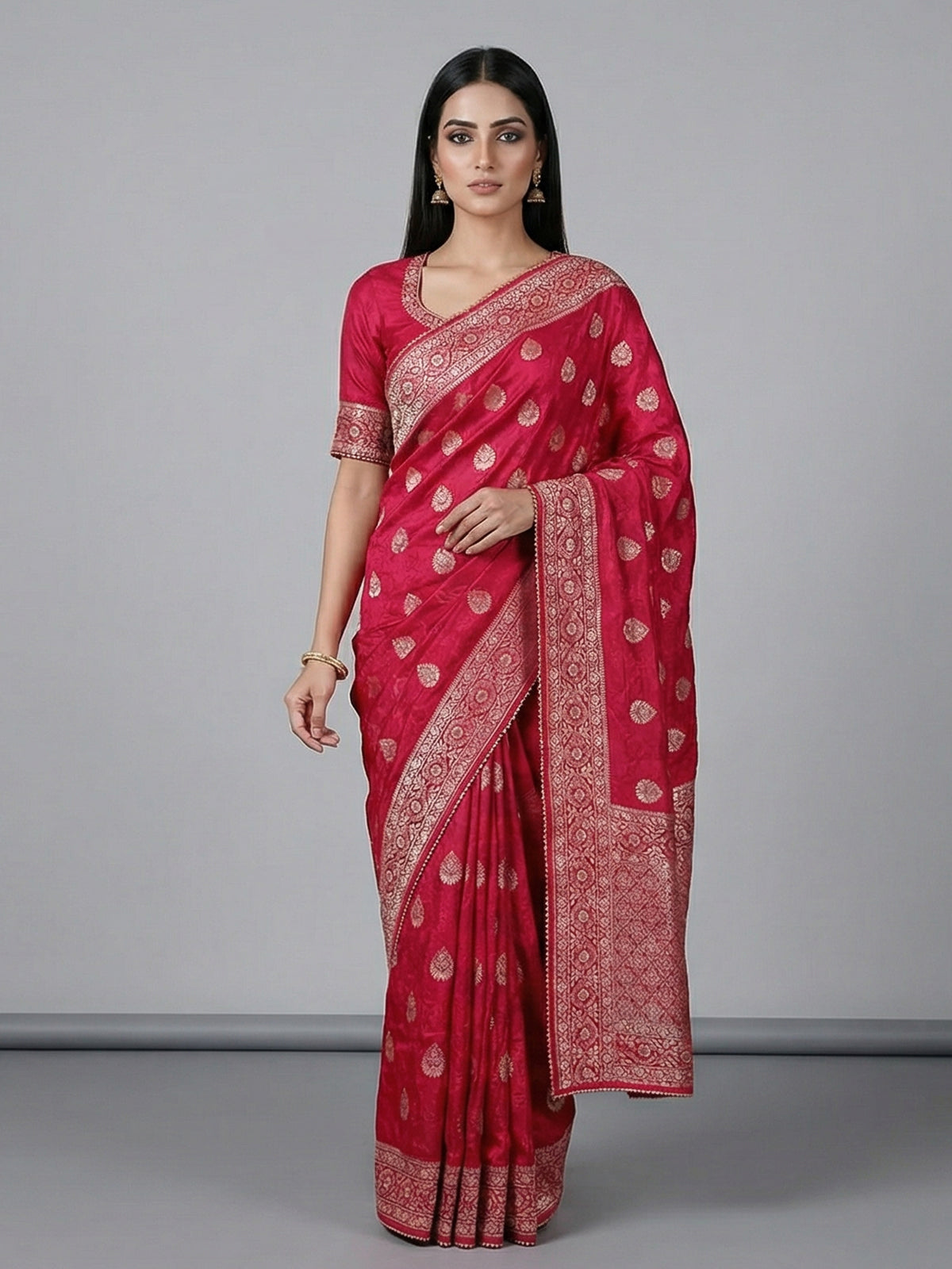 Rani pink dola silk embellished wedding saree for women