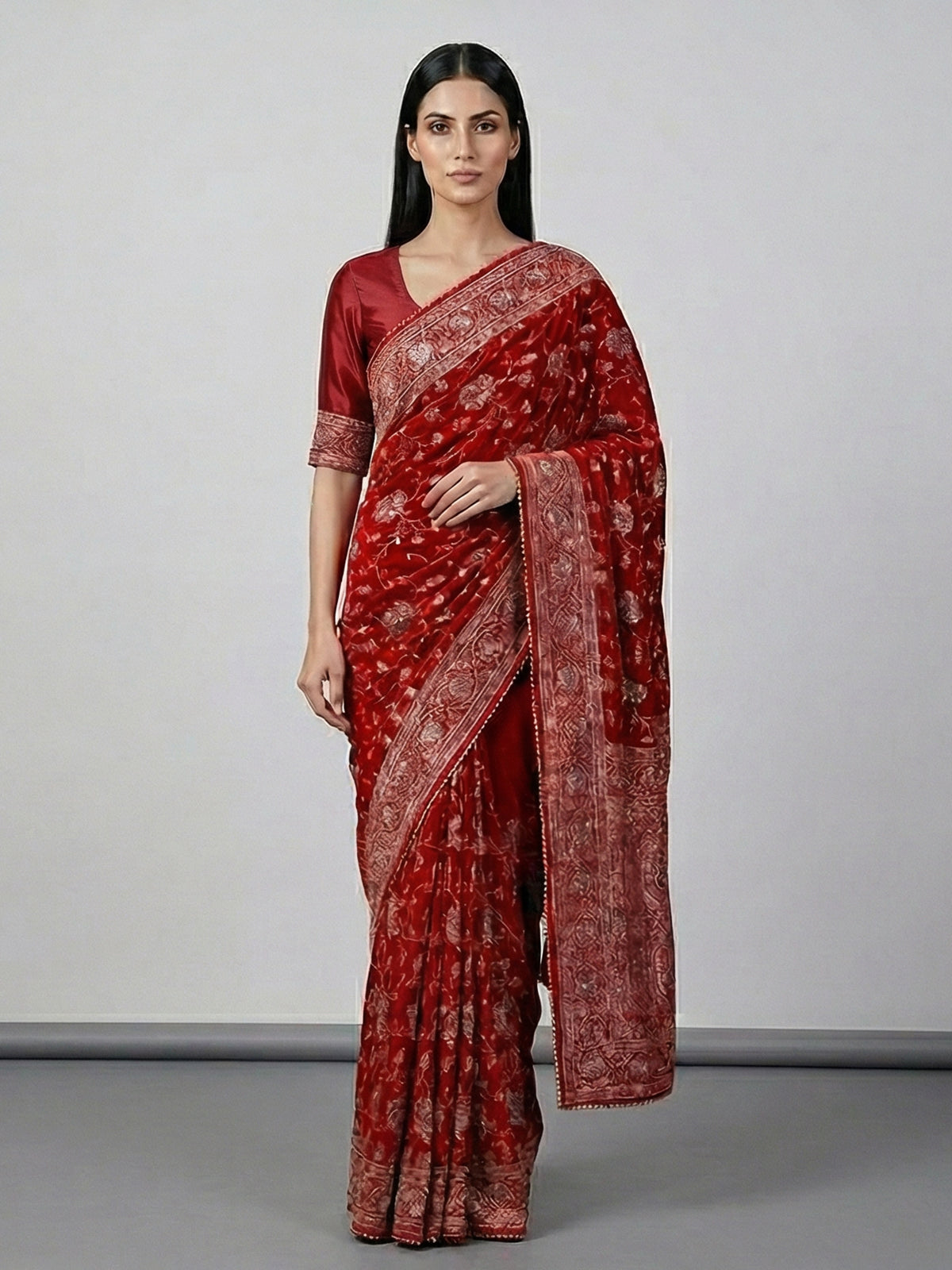 Red dola silk traditional festive embellished saree