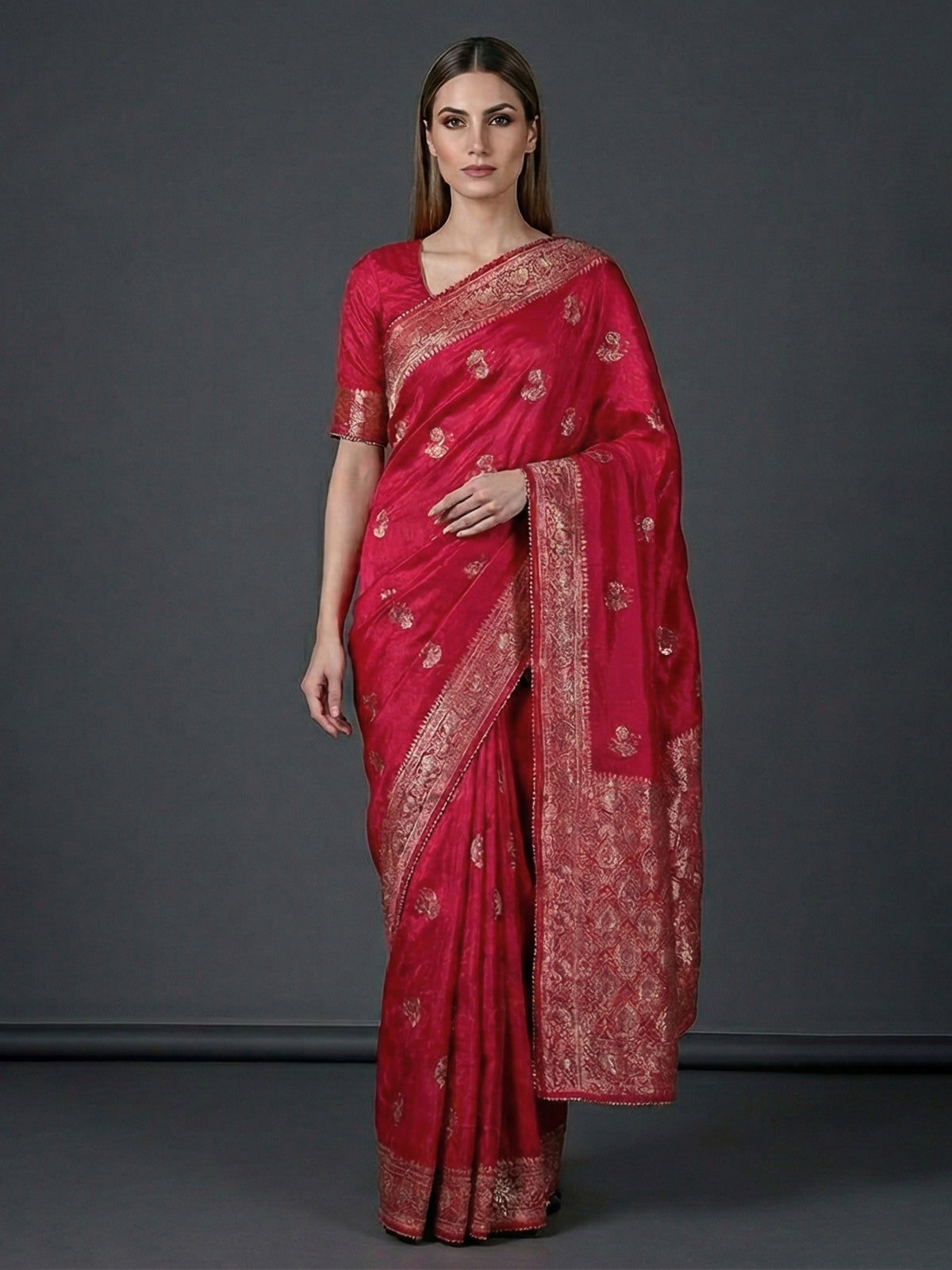 Pink dola silk zari gota festive saree