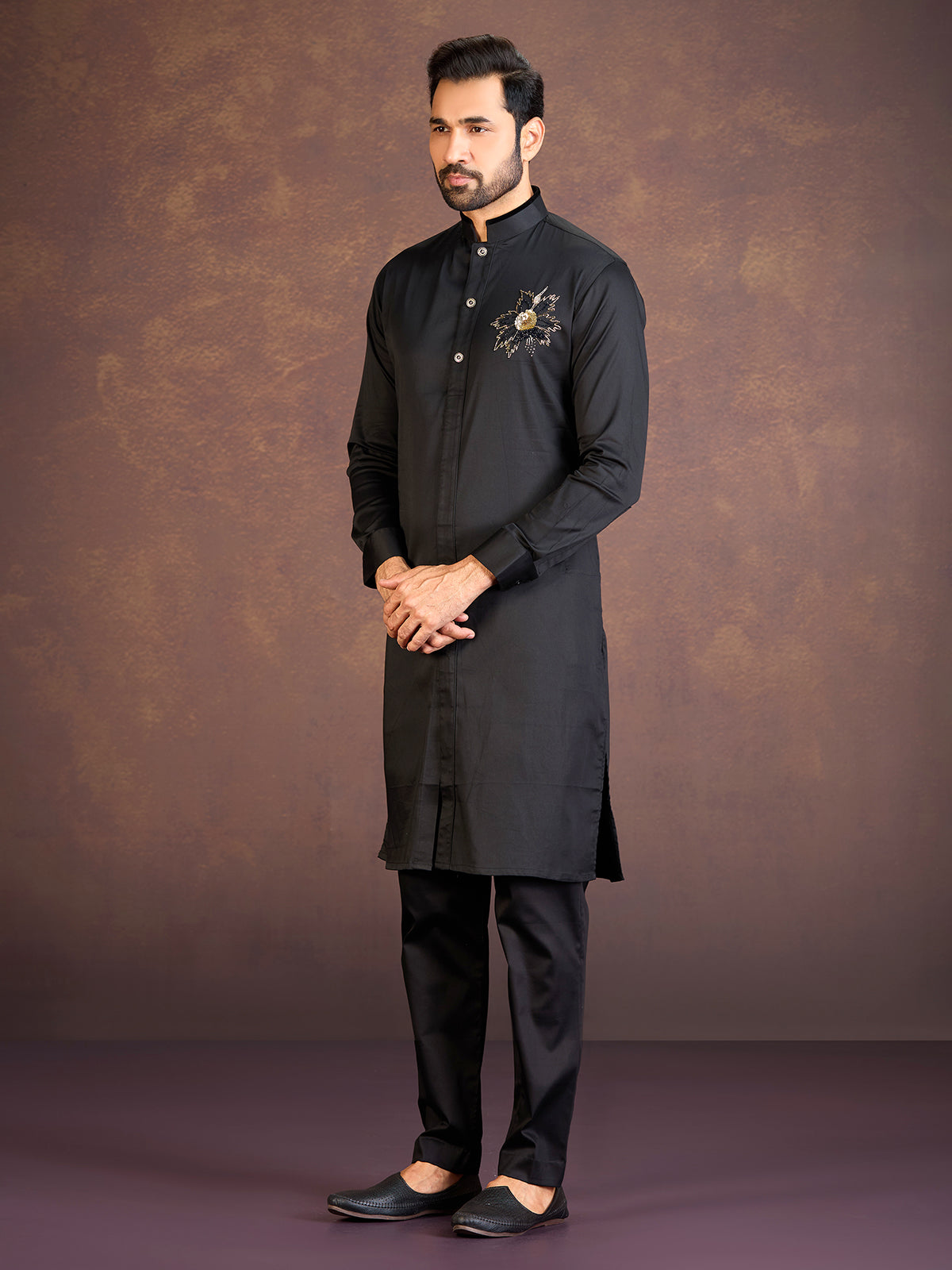 Black satin cotton lycra pathani suit for reception