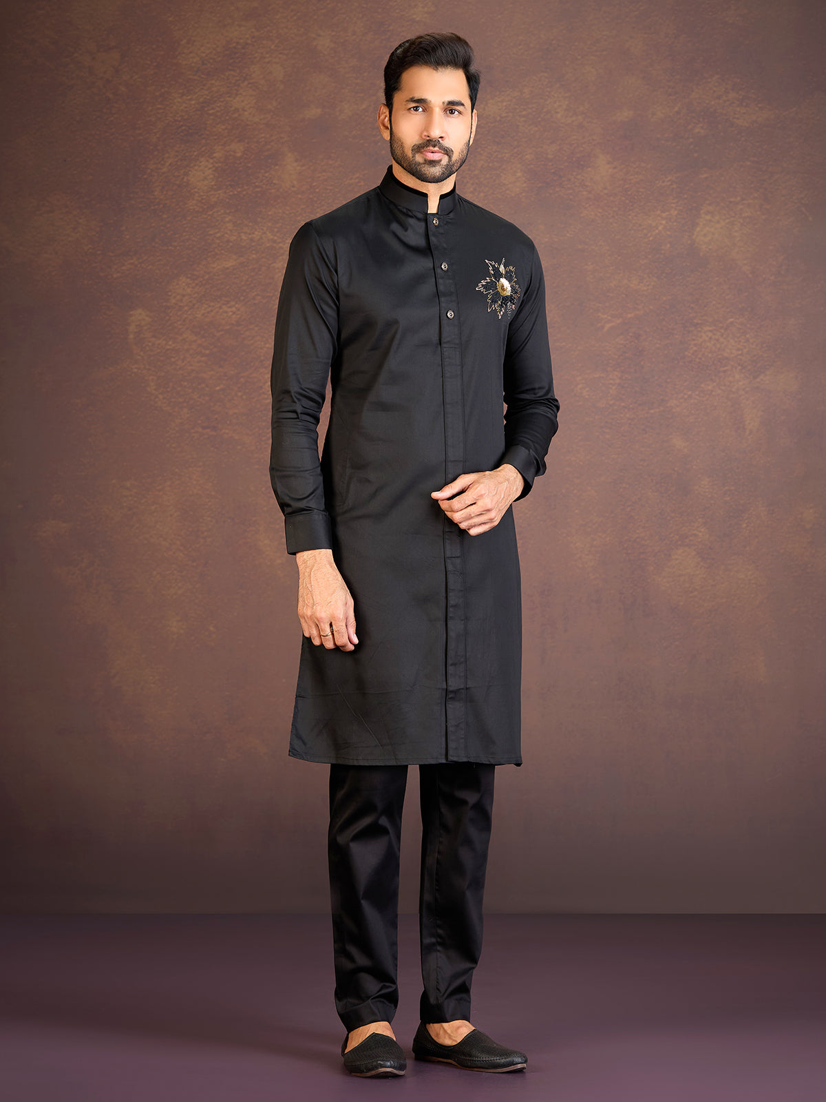 Black satin cotton lycra pathani suit for reception