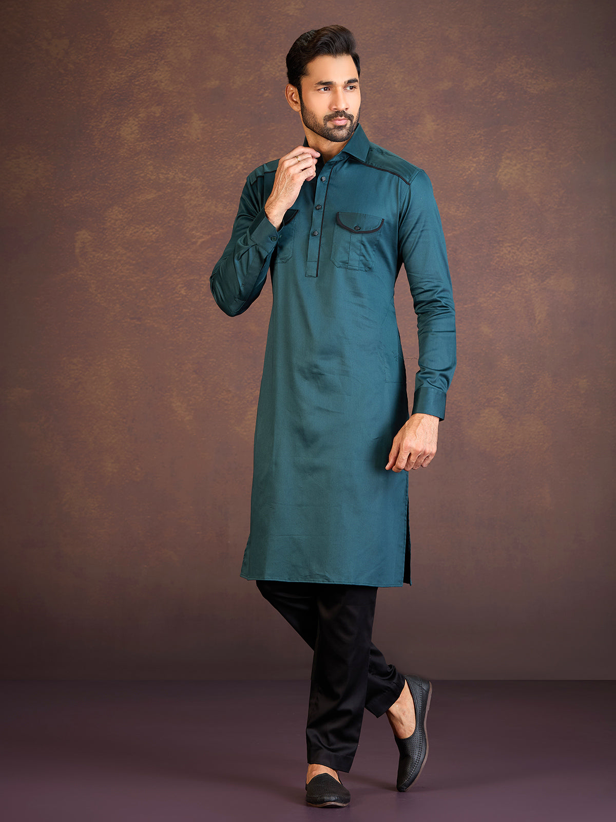 Teal green satin cotton lycra pathani suit with two chest pocket