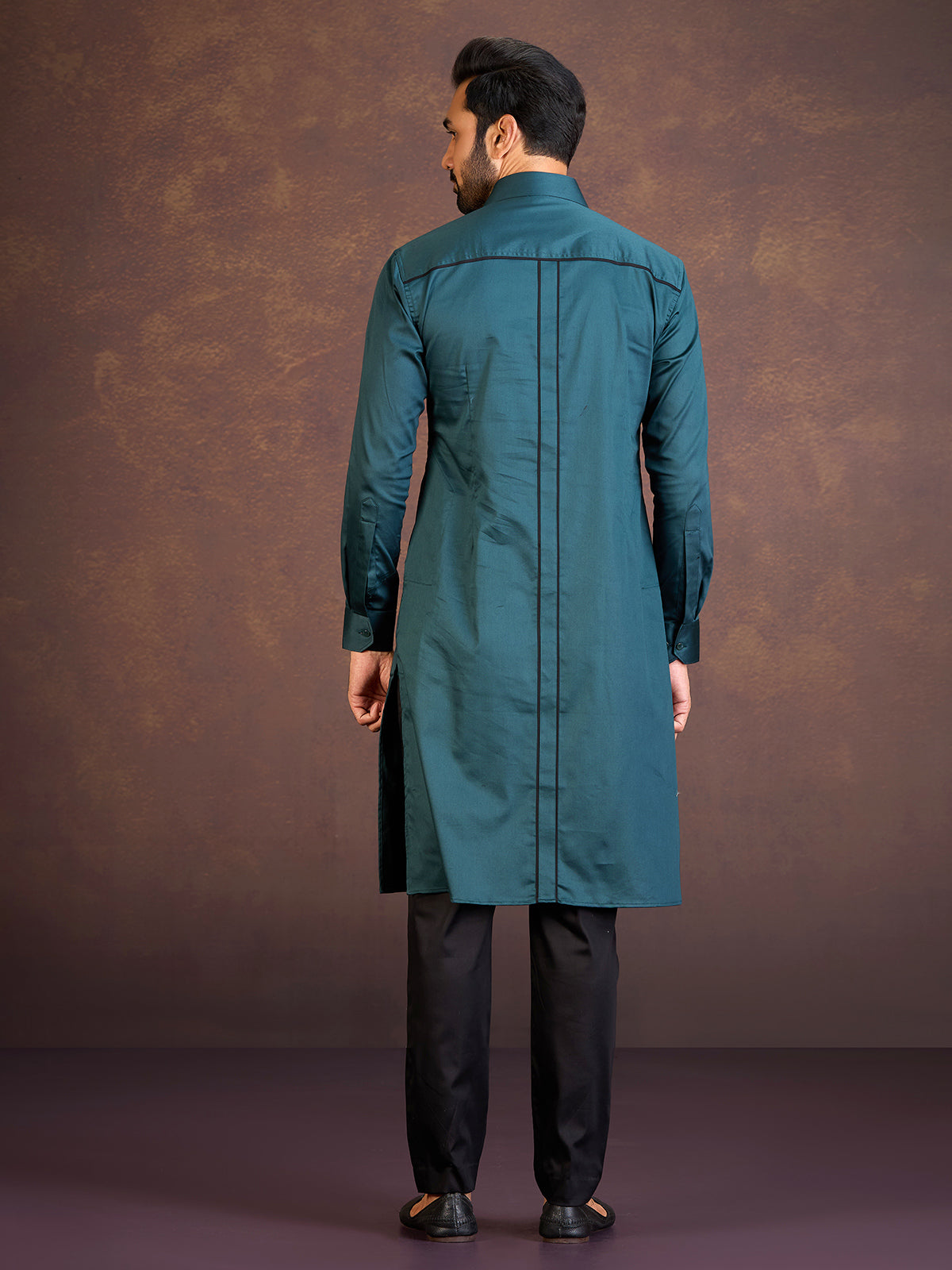 Teal green satin cotton lycra pathani suit with two chest pocket