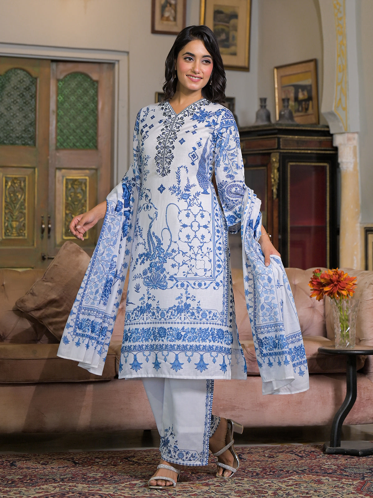 White cotton linen floral printed kurti set with dupatta