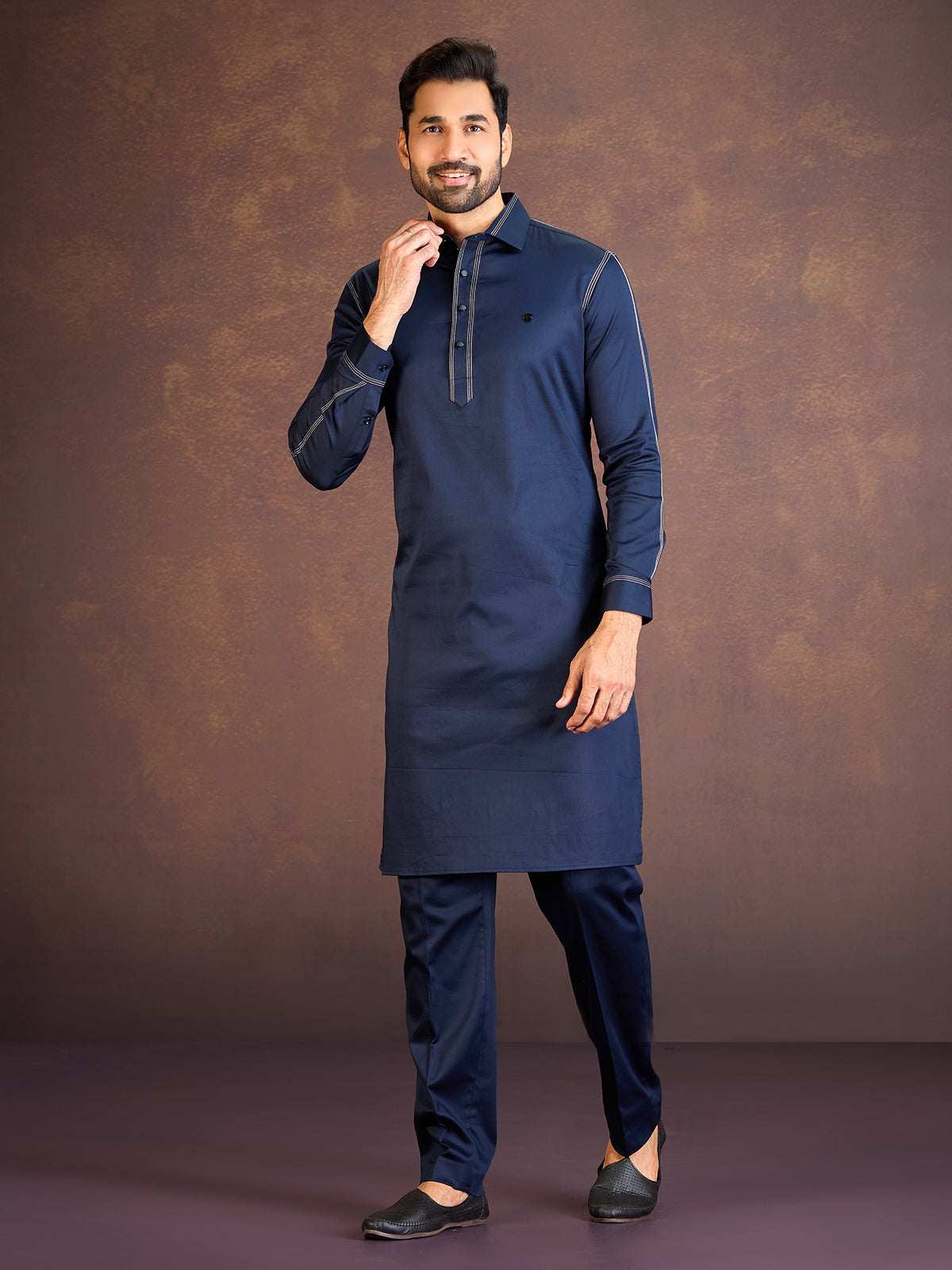 Navy satin cotton lycra pathani suit for fetival
