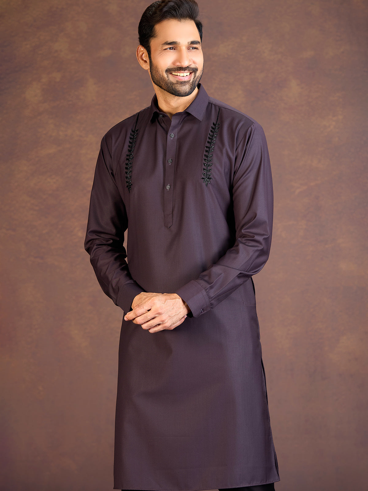 Wine plain satin cotton lycra pathani suit
